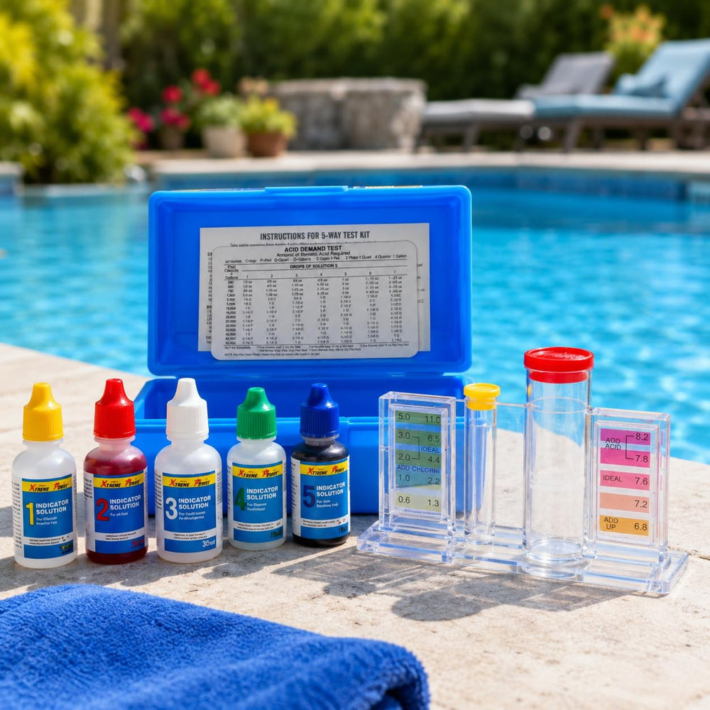 Close-up of XtremepowerUS pool test kit components