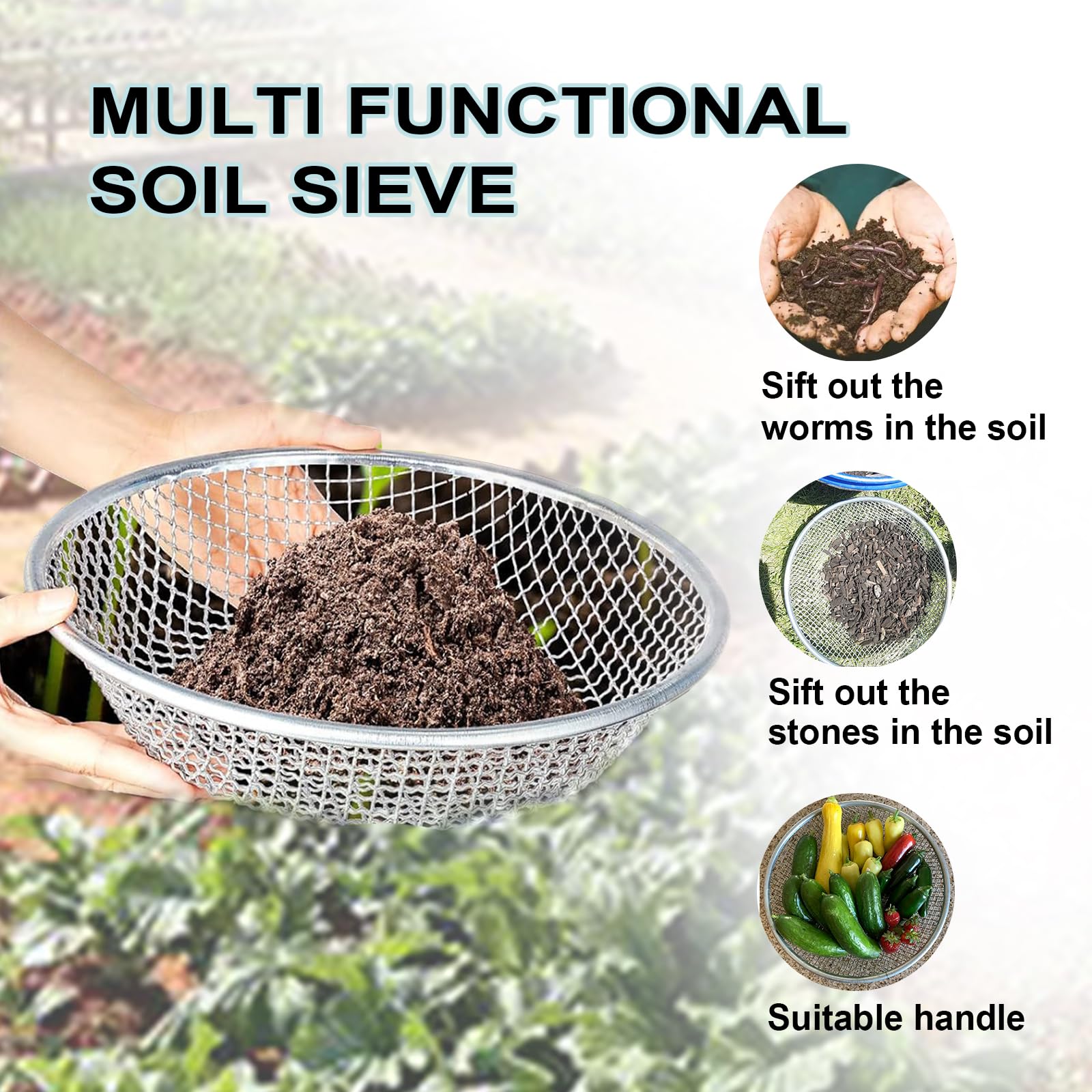Close-up of XULIFU Soil Sifter 1/8 inch mesh