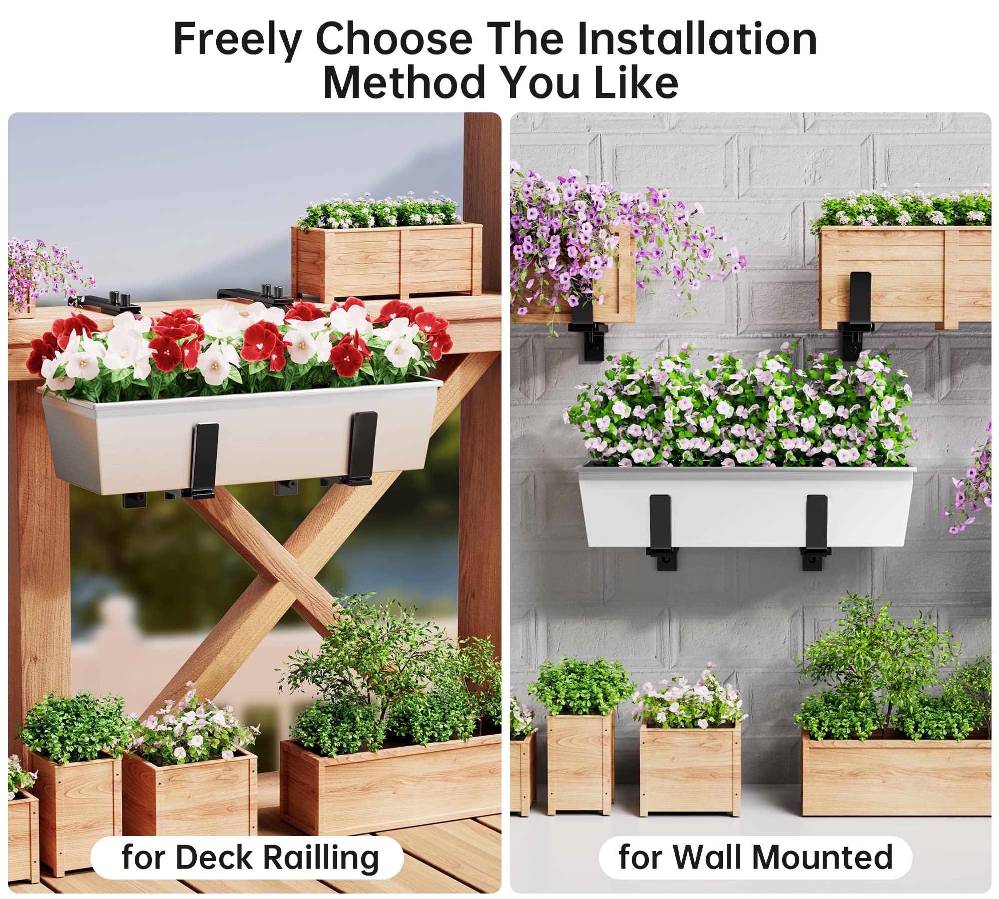Close-up of Y&M adjustable planter brackets mounted on a railing