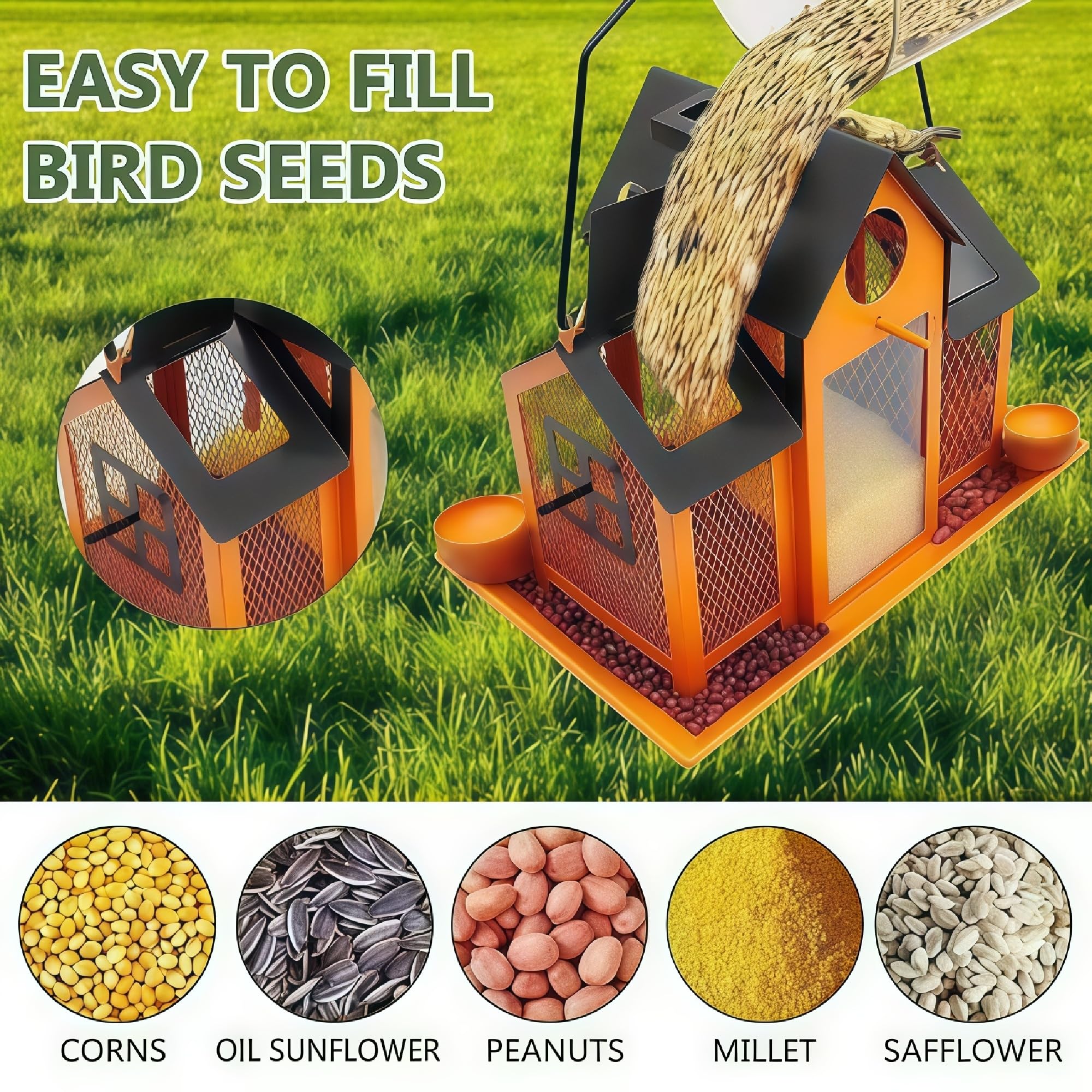 Close-up of YADOOLIFE bird feeder showing seed storage window