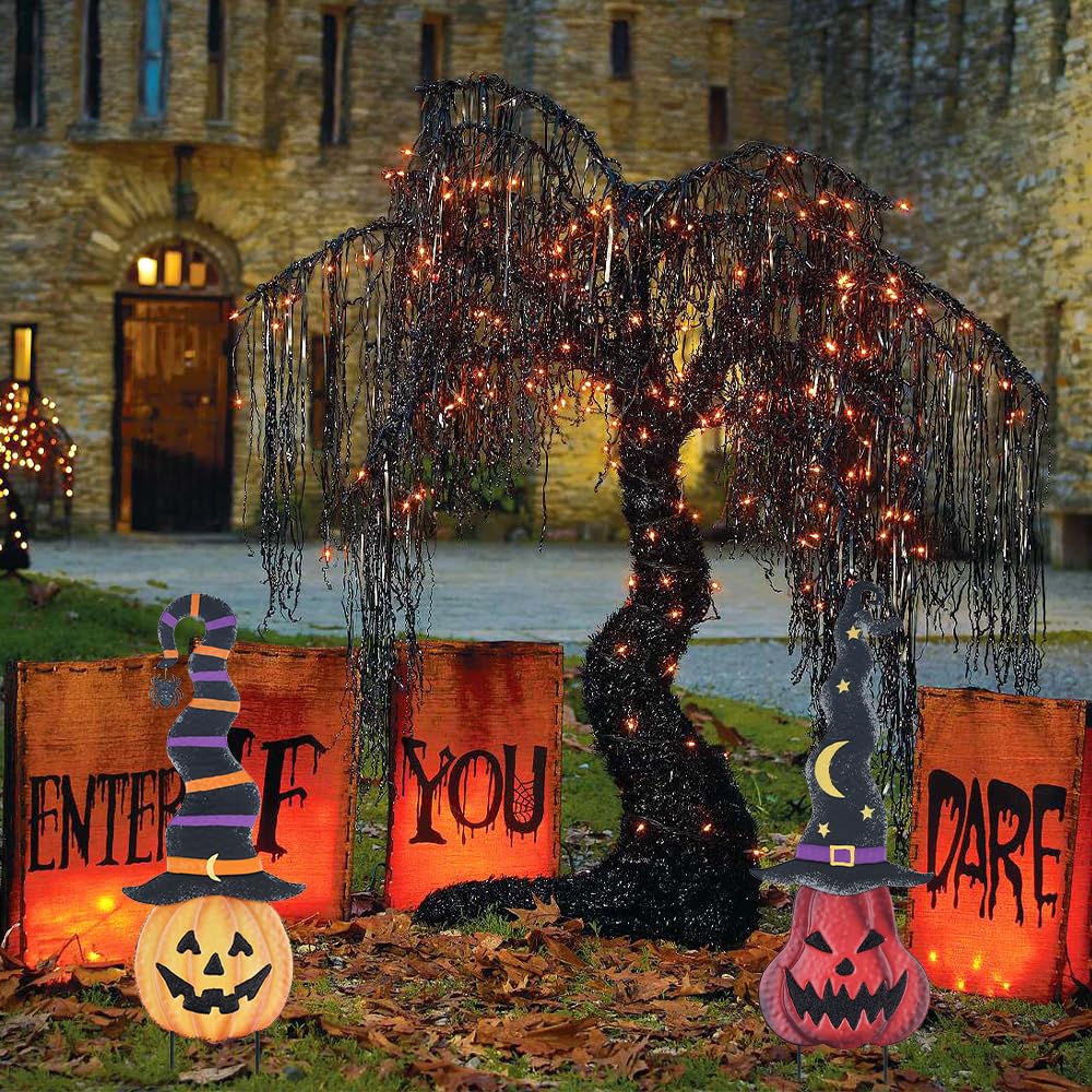 Close-up of YEAHOME Pumpkin Garden Stake with Mystical Hat