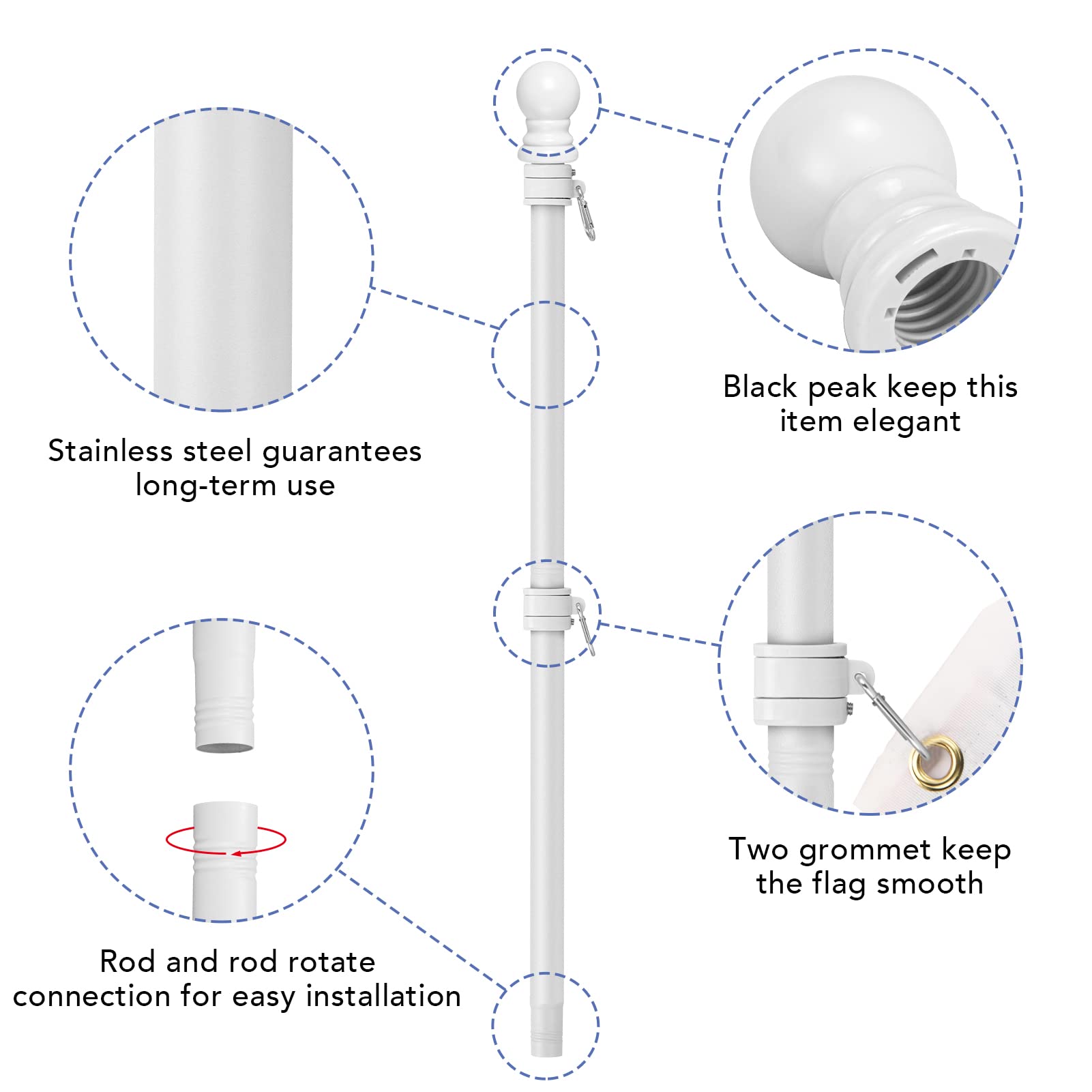 Close-up of Yeesun flag pole rotating rings for flag attachment