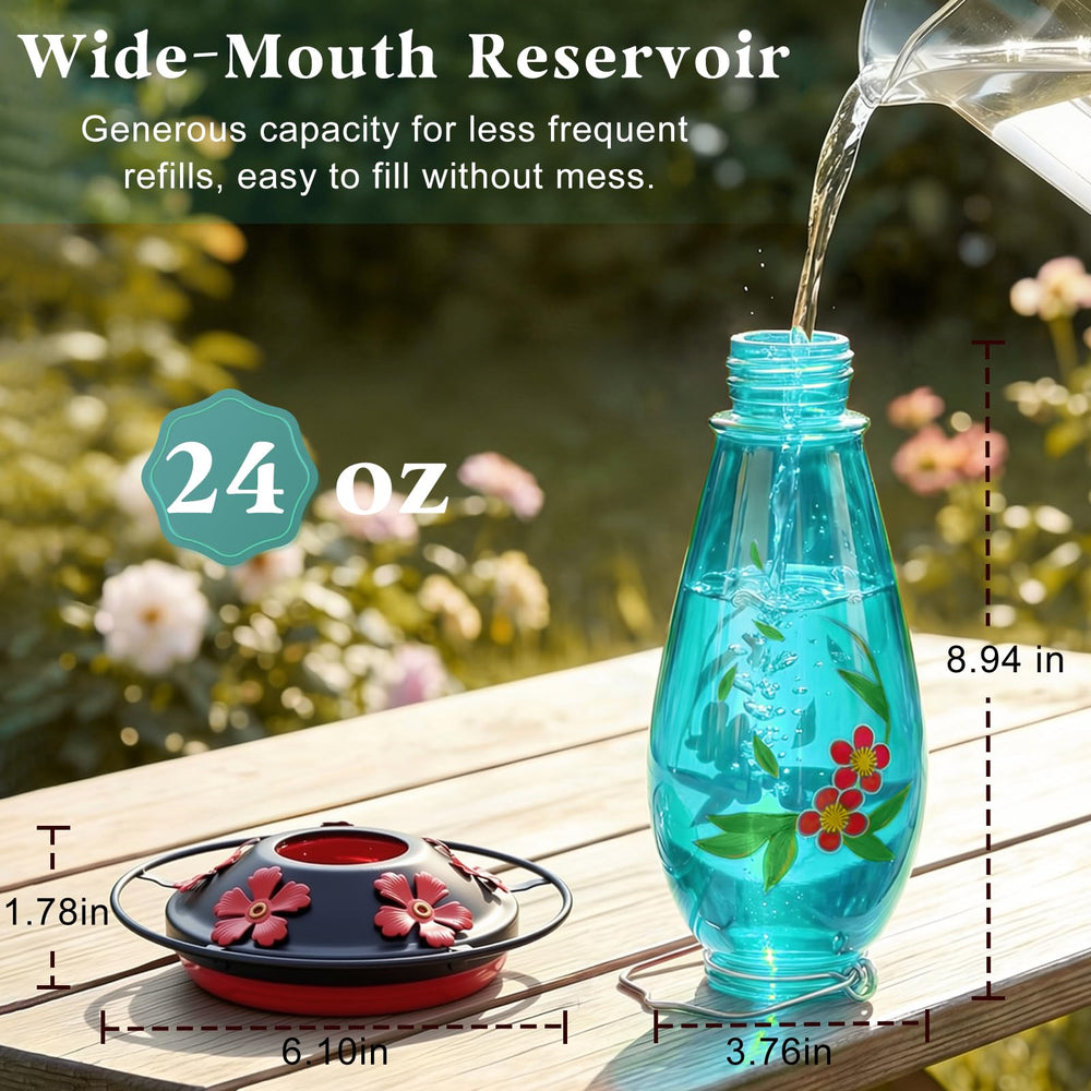 Close-up of YHCHHZUI Hummingbird Feeder's blue glass and floral decals