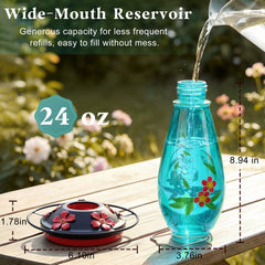 Close-up of YHCHHZUI Hummingbird Feeder's blue glass and floral decals