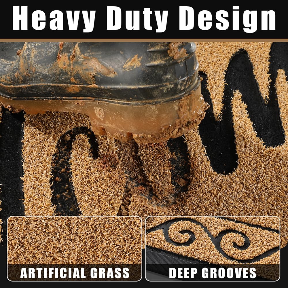 Close-up of Yimobra Welcome Mat texture, artificial grass surface
