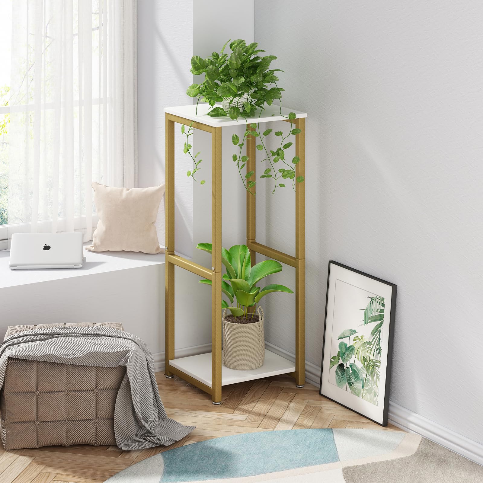 Close-up of YIZAIJIA 2 Tier Plant Stand's metal frame and MDF board