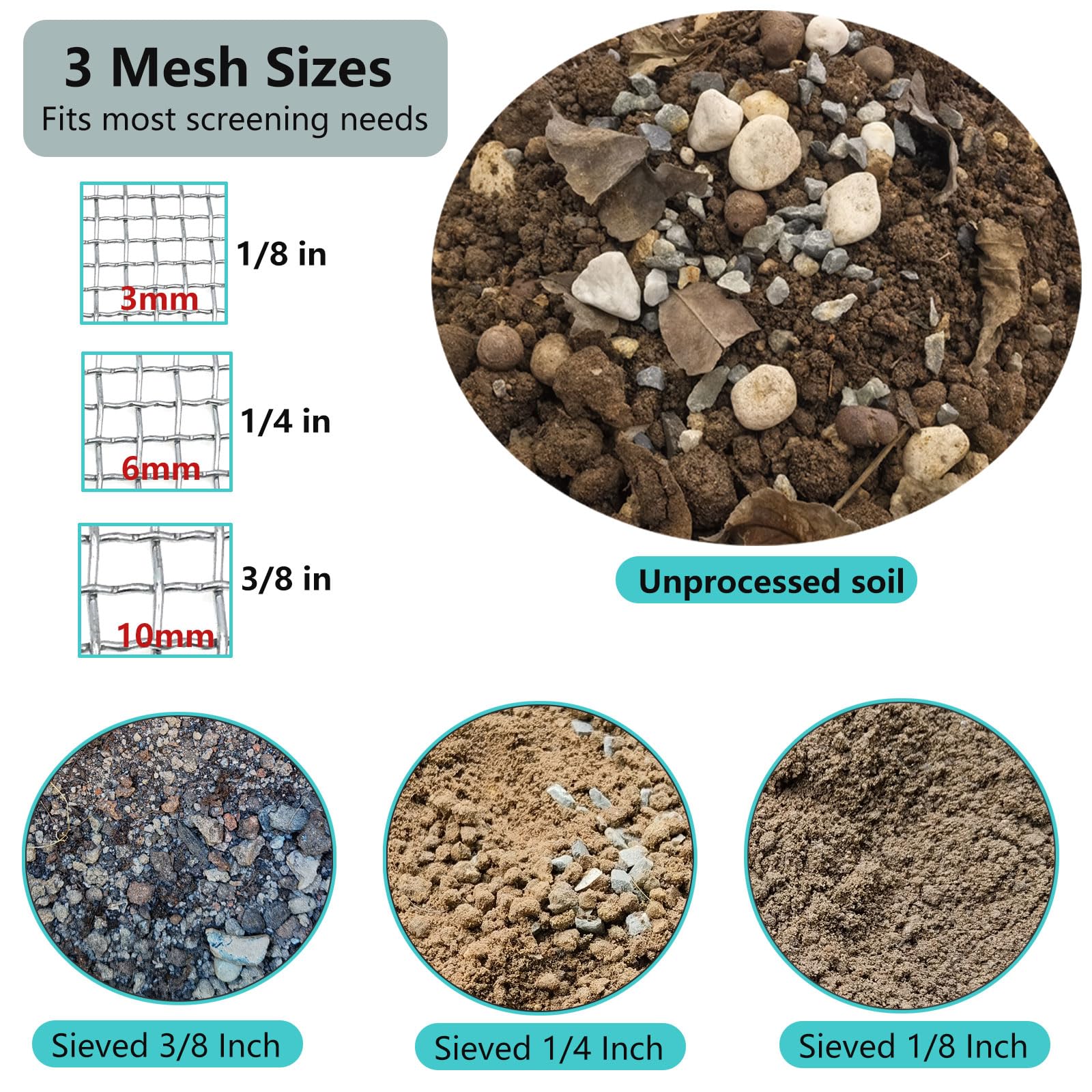 Close-up of YUEBM Soil Sifter 1/8 inch mesh