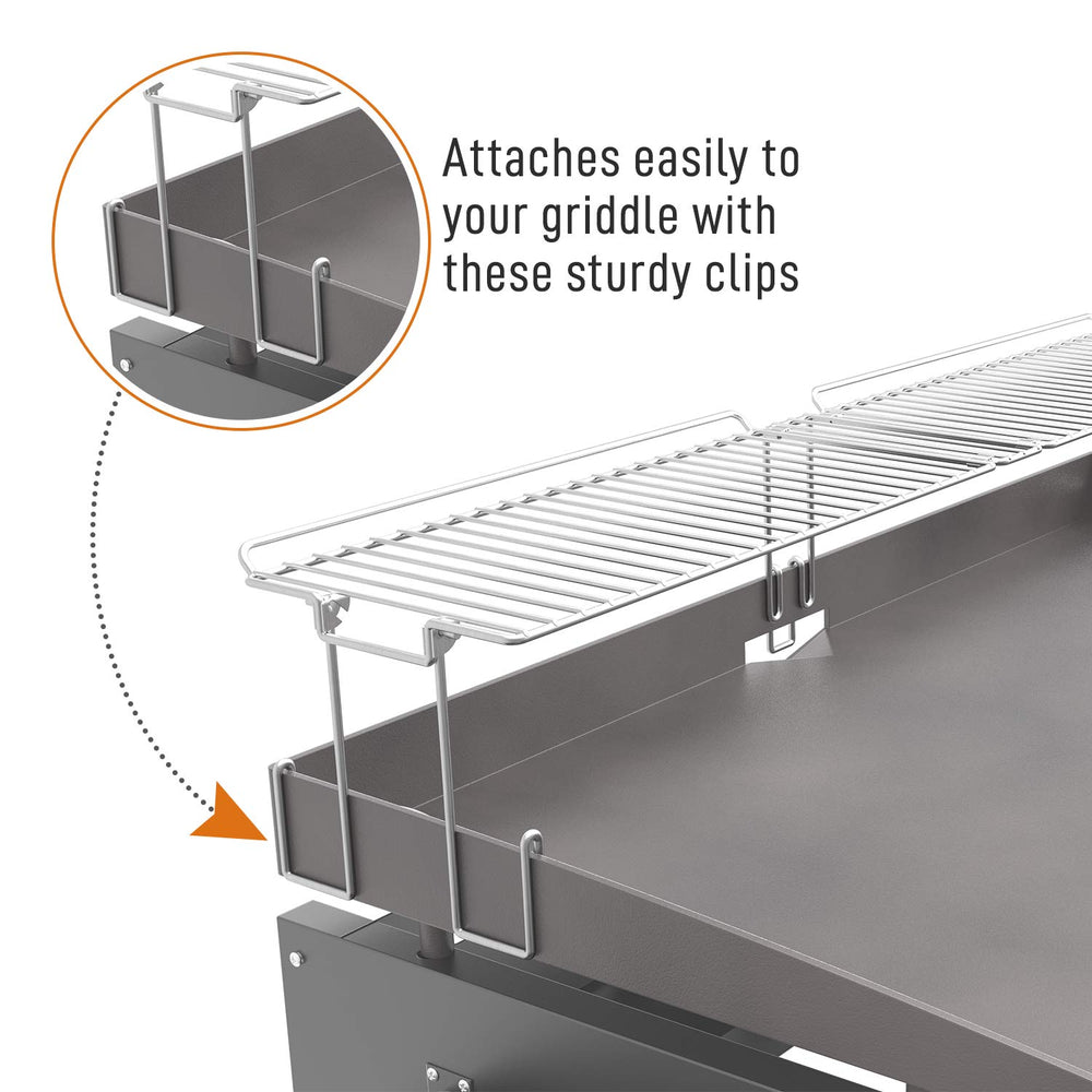 Close-up of Yukon Glory warming rack stainless steel finish