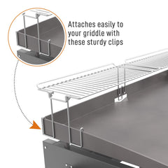 Close-up of Yukon Glory warming rack stainless steel finish