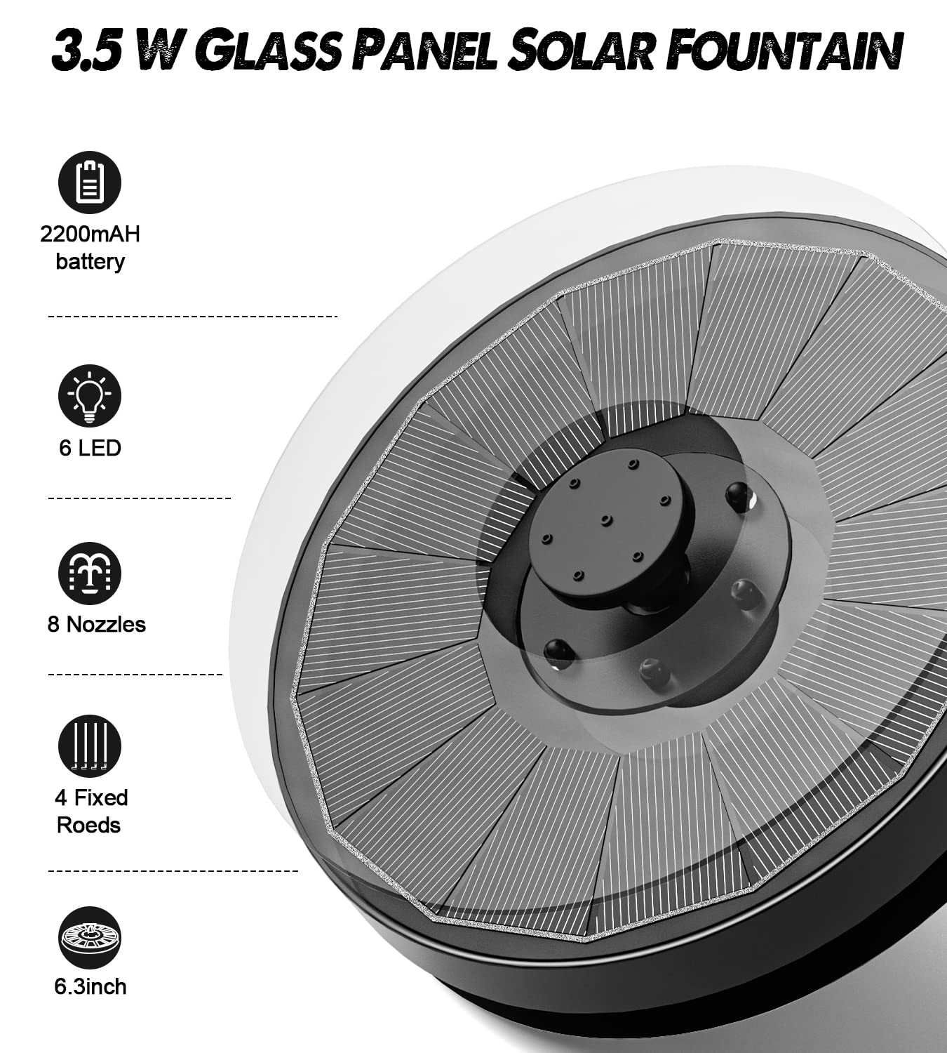 Close-up of Yzert Solar Fountain's glass panel and water nozzle
