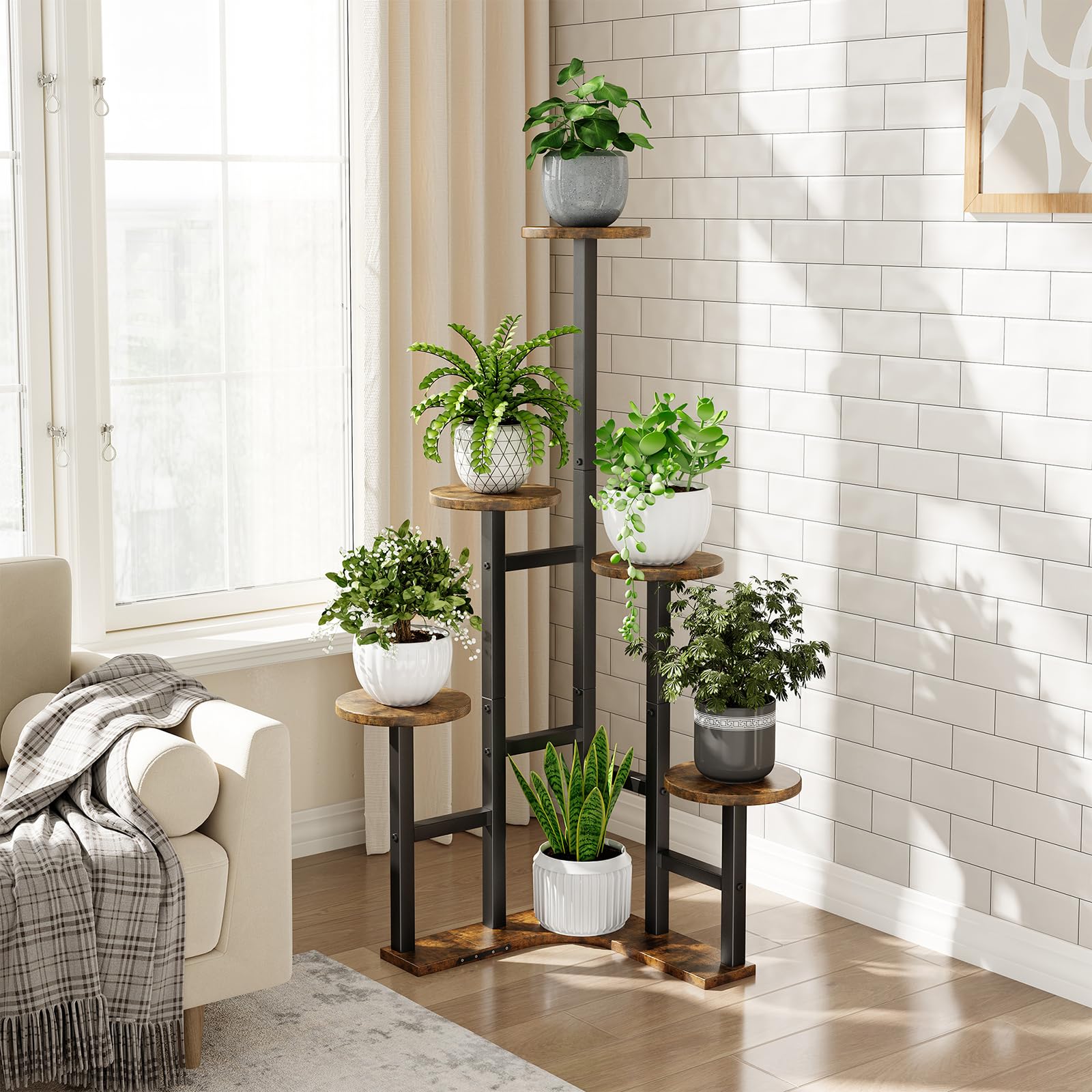 Close-up of Yzosvki plant stand's rustic brown shelves