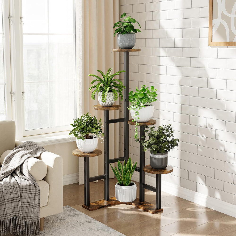 Close-up of Yzosvki plant stand's rustic brown shelves