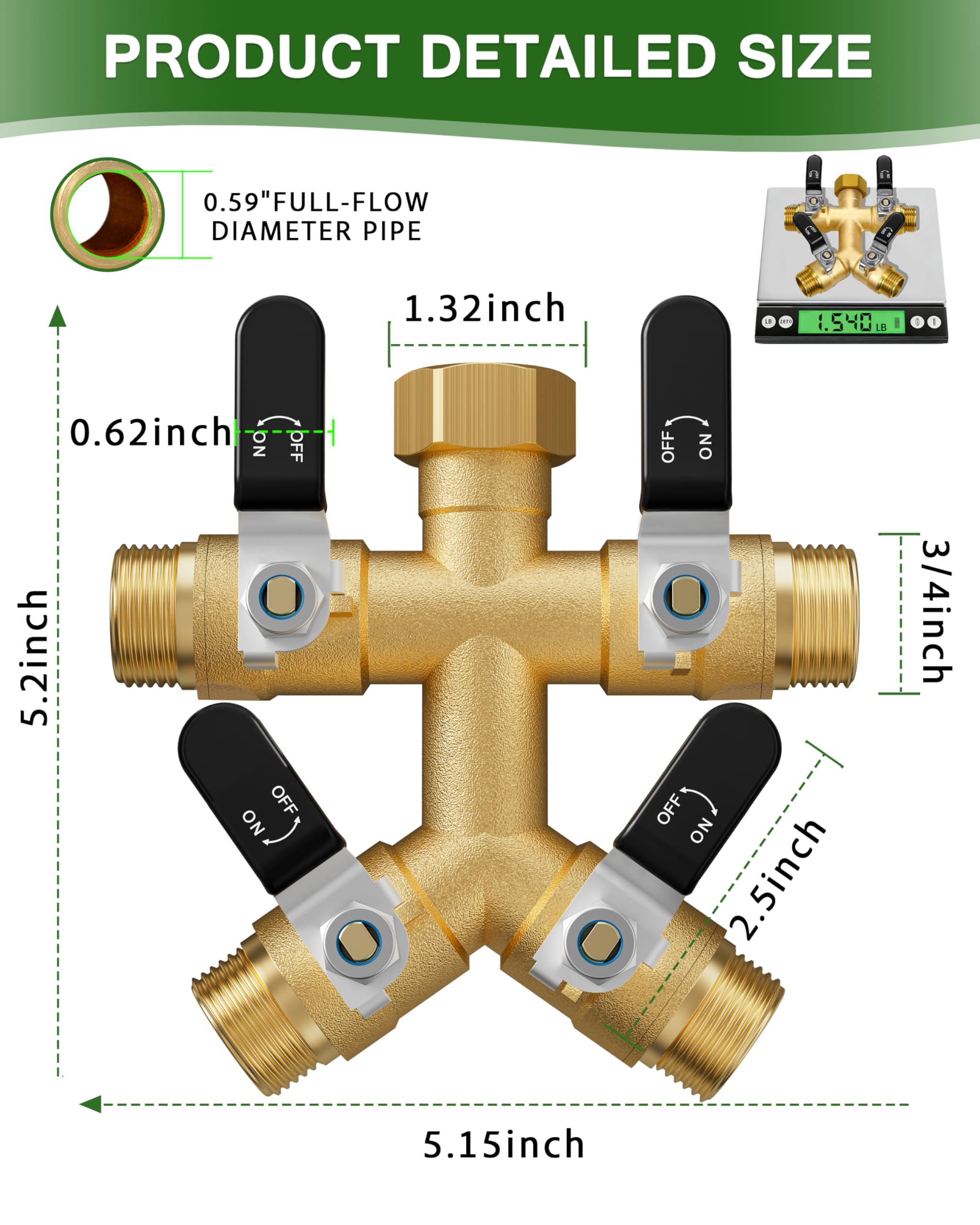 Close-up of ZaakWang hose splitter showing 0.59-inch ball valve