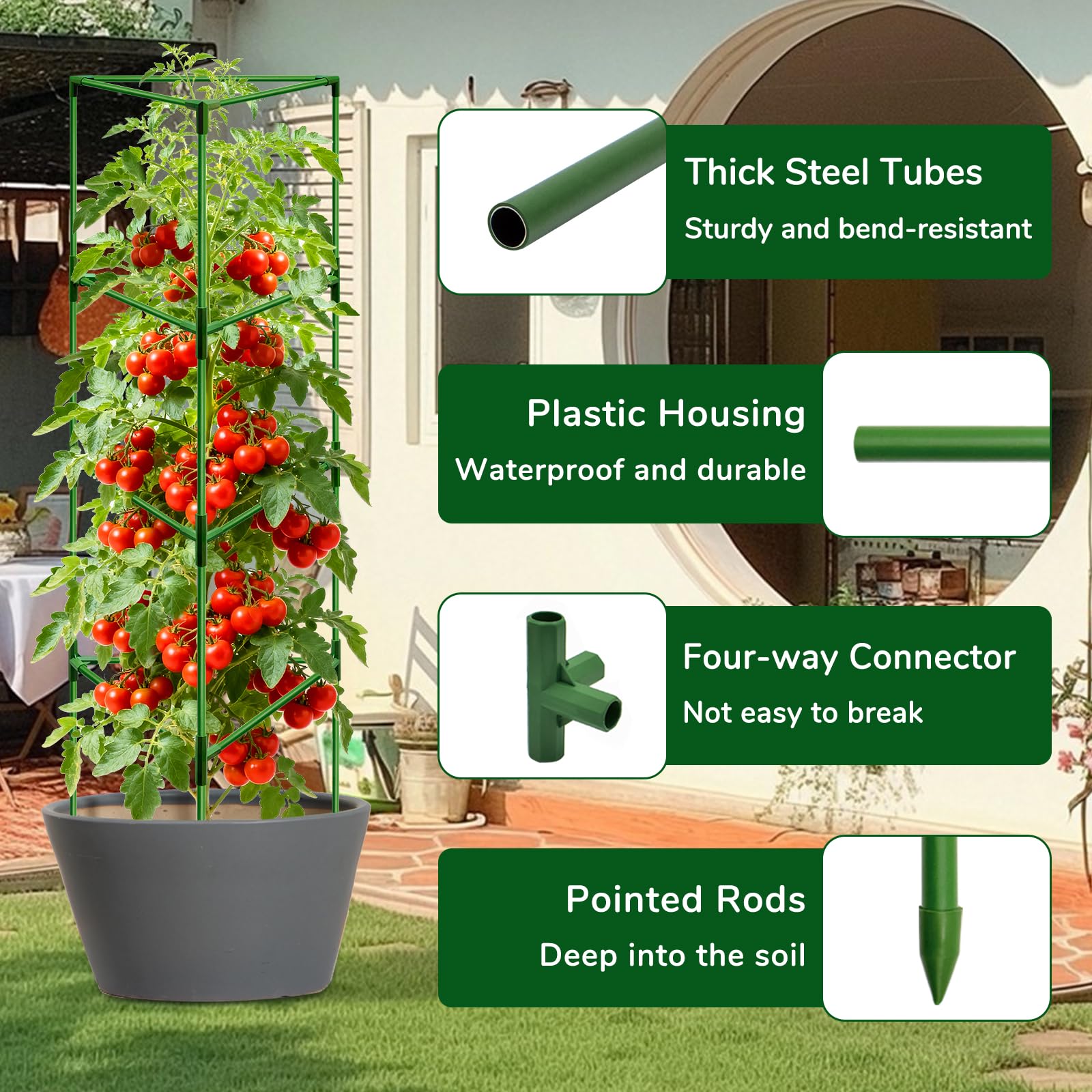 Close-up of ZeeDix Tomato Cages sturdy steel poles