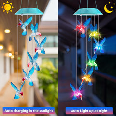 Close-up of Zeiliuled Solar Hummingbird Wind Chimes hanging outdoors