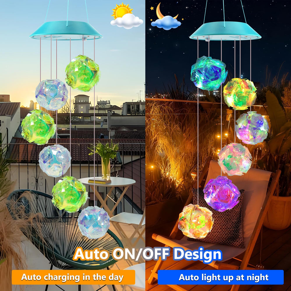Close-up of Zeiliuled Solar Wind Chimes showing colour changing lights
