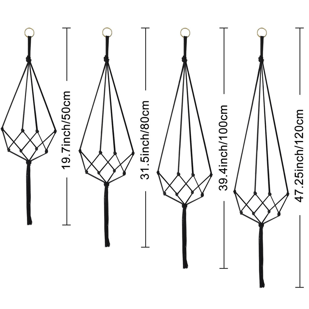 Close-up view of black macramé plant hanger with tassels