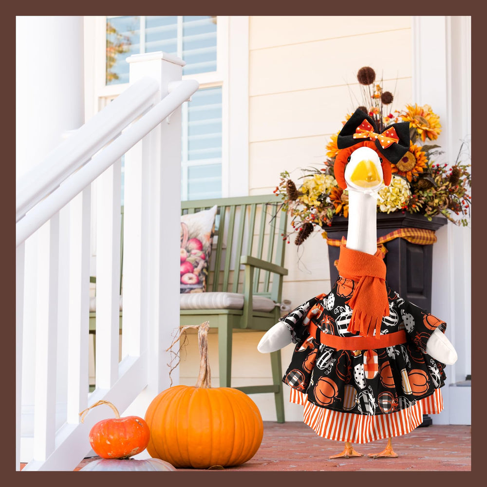 Close-up view of EKOREST Pumpkins Costume for porch goose