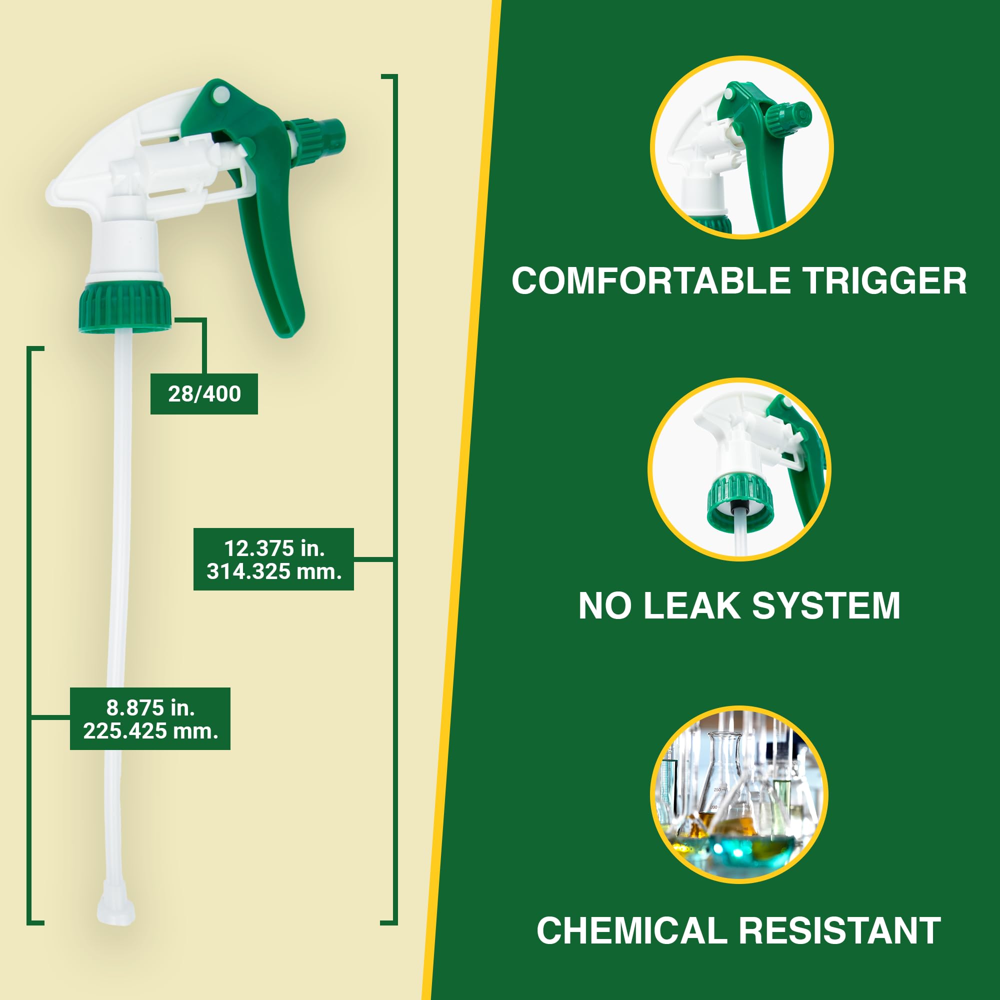 Close-up view of Heluva Green trigger sprayer nozzle