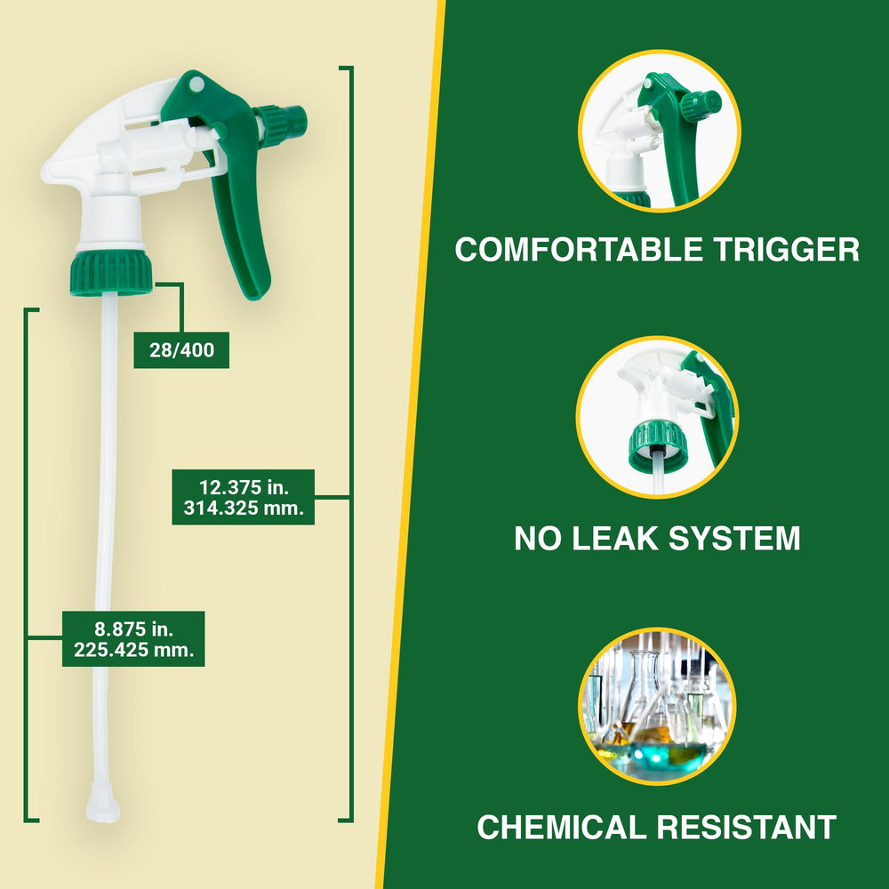 Close-up view of Heluva Green trigger sprayer nozzle