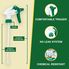 Close-up view of Heluva Green trigger sprayer nozzle