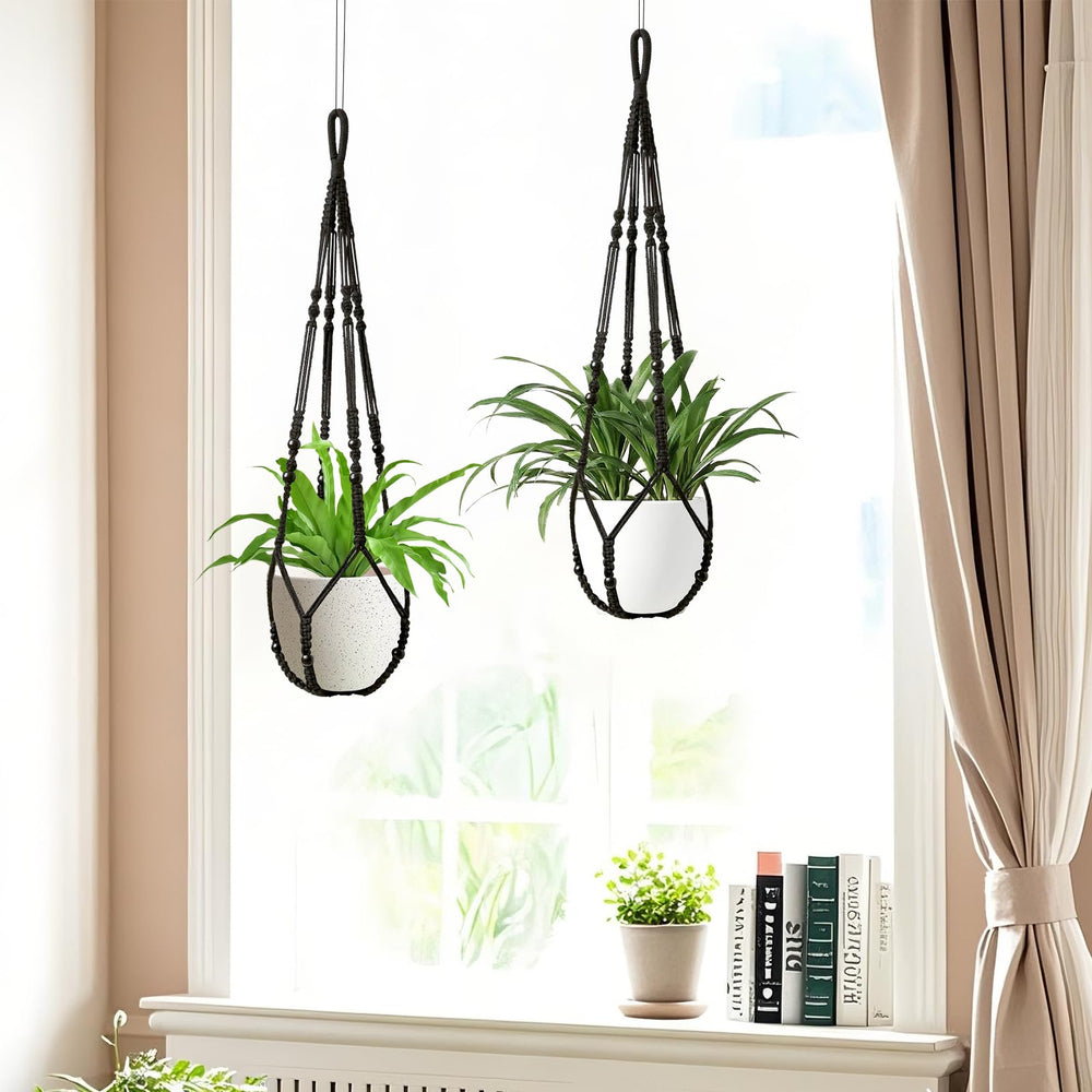 Close-up view of LEWESU macrame plant hanger showcasing the cotton rope craftsmanship