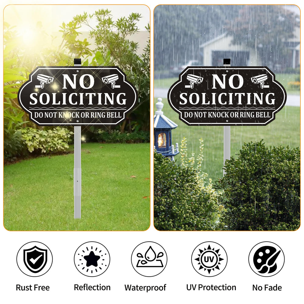 Close-up view of reflective lettering on Frohllia No Soliciting Sign