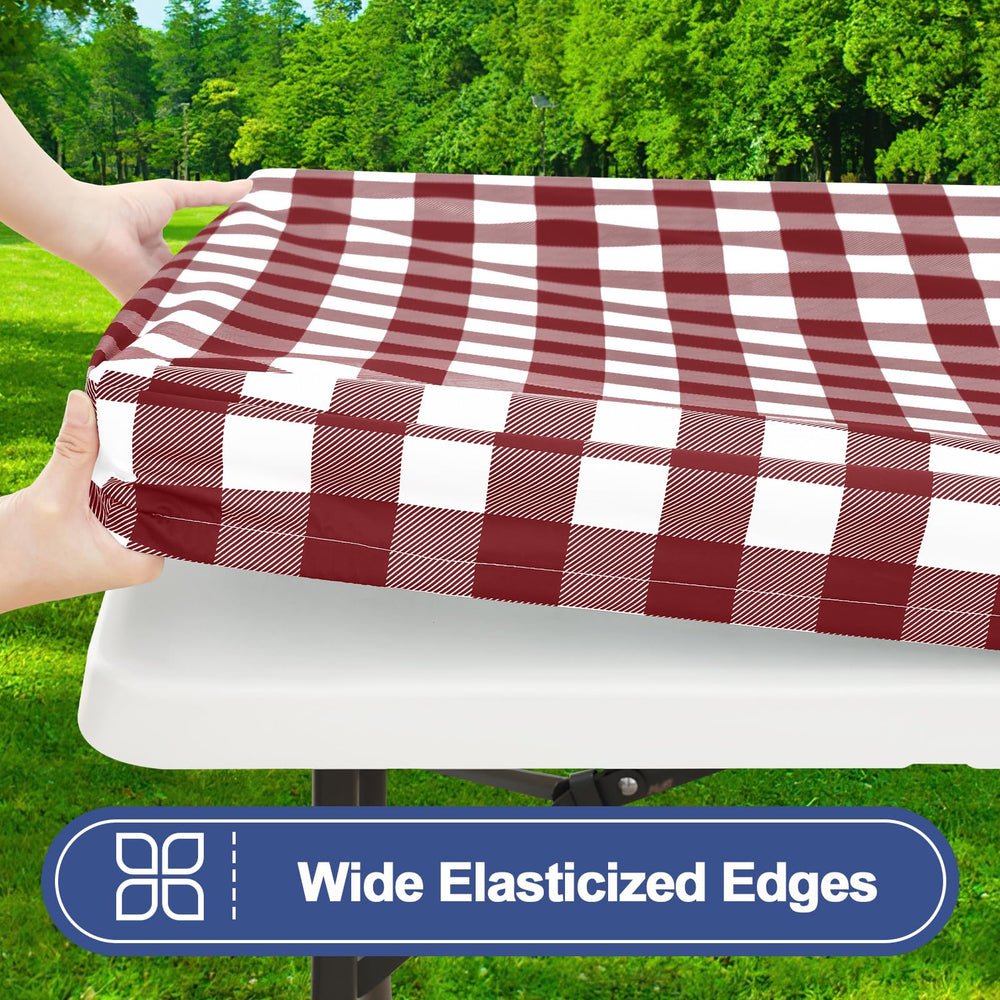 Close-up view of Smiry picnic table cover elastic edge securing it on a table