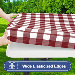 Close-up view of Smiry picnic table cover elastic edge securing it on a table