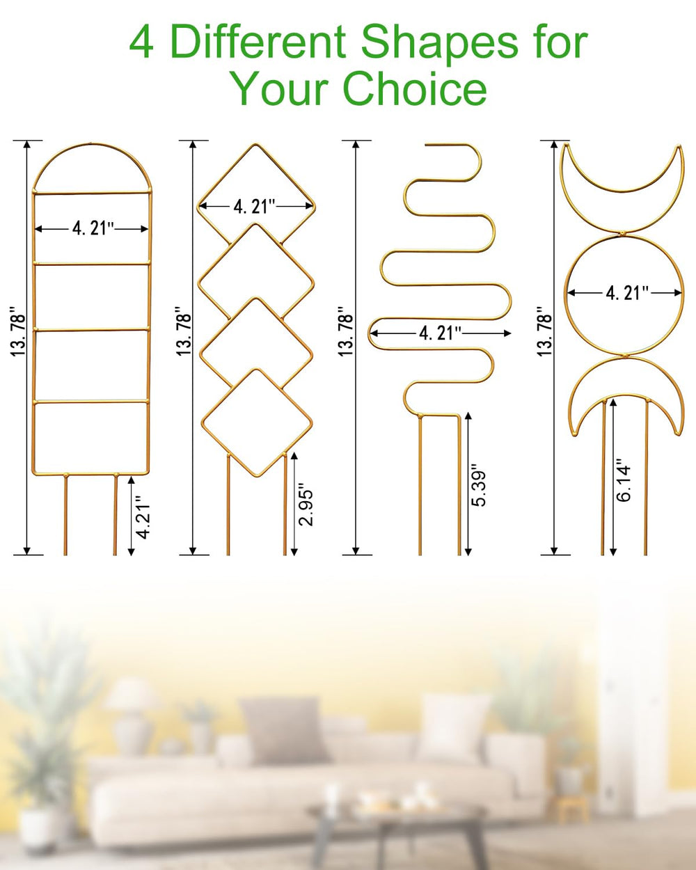 Close-up view of the gold metal trellis for potted plants