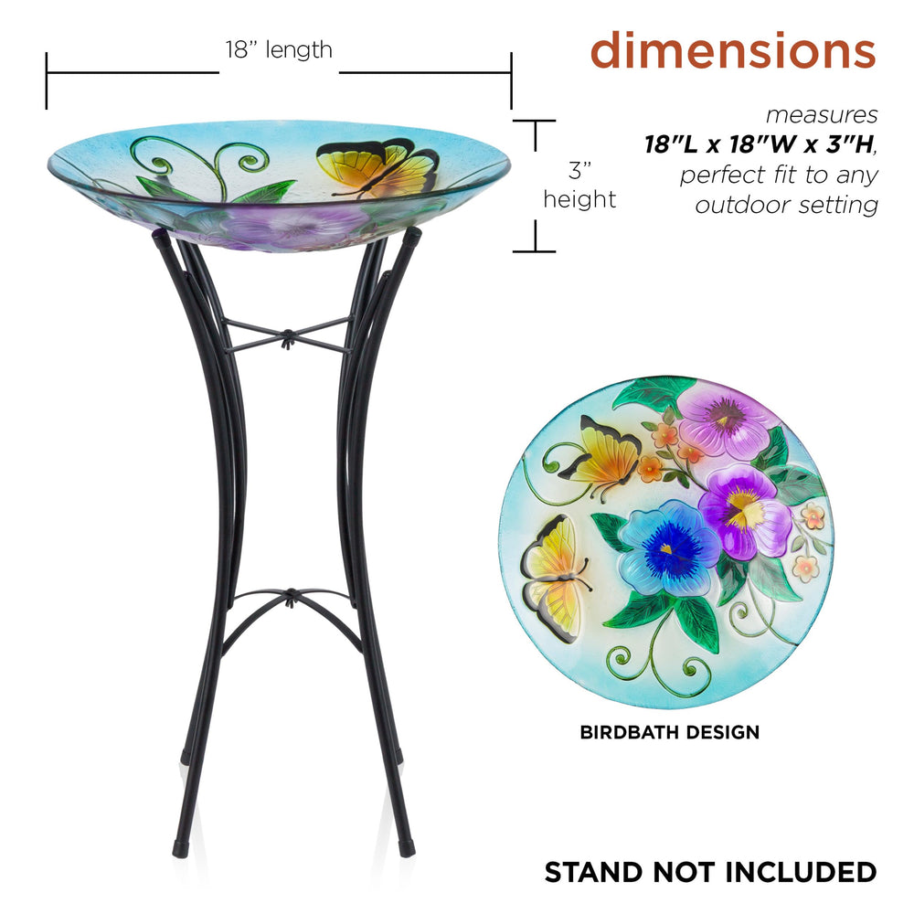 Close-up view of the hand-painted flowers on the birdbath