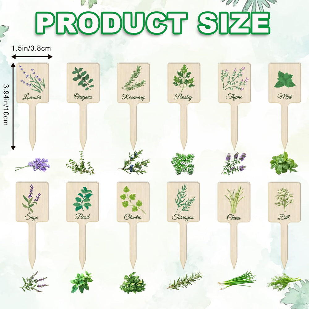 Close-up view of UPINS green acrylic plant labels with printed herb names