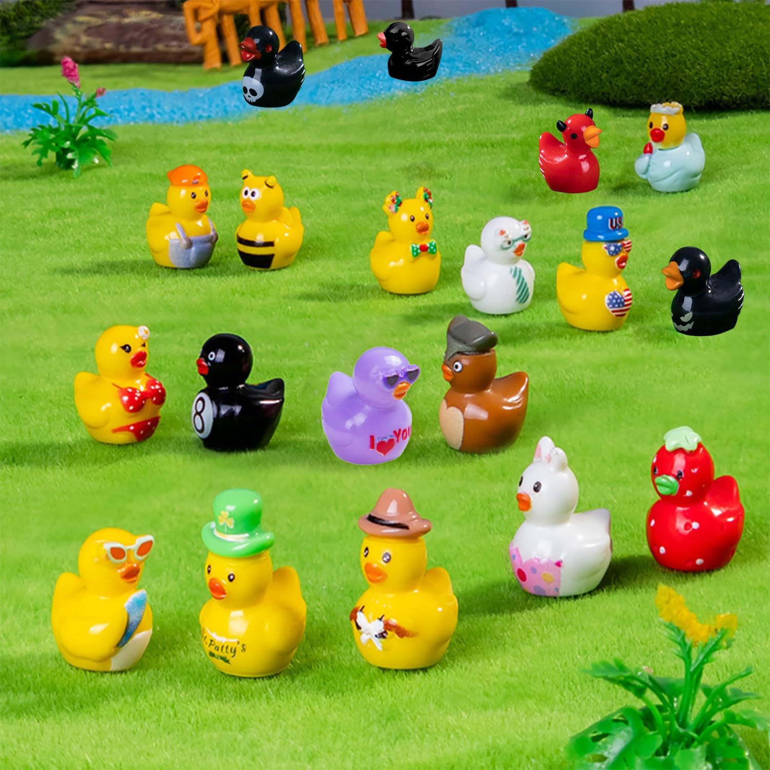 Close-up view of various unique mini ducks including glitter and hat designs