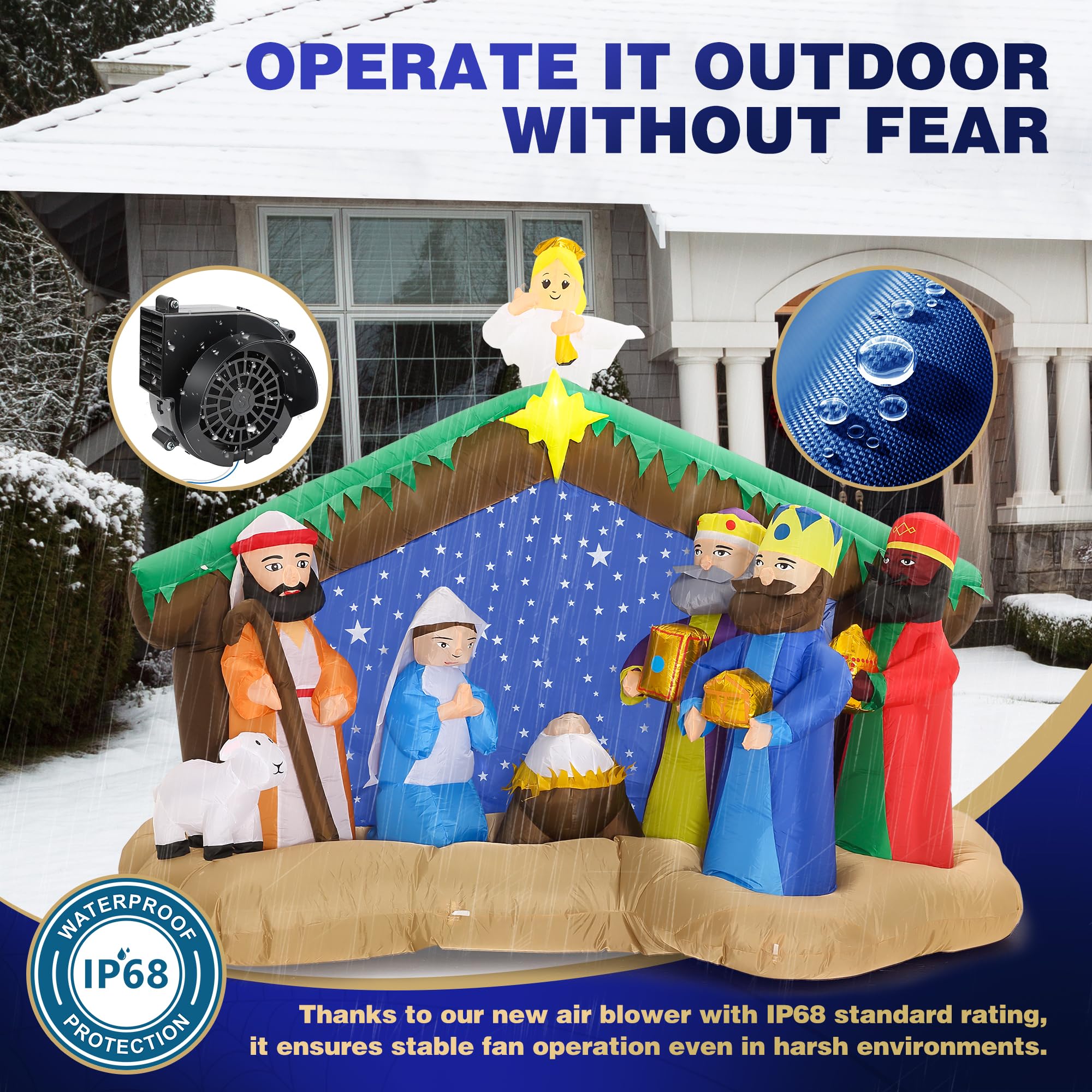 Close-up view of ZPISF inflatable nativity scene with angel