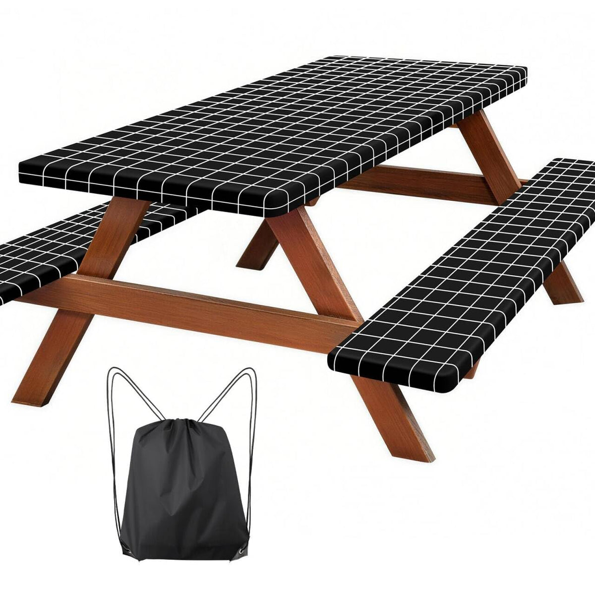 Clothclose Picnic Table Cover with Black Grid pattern, front view