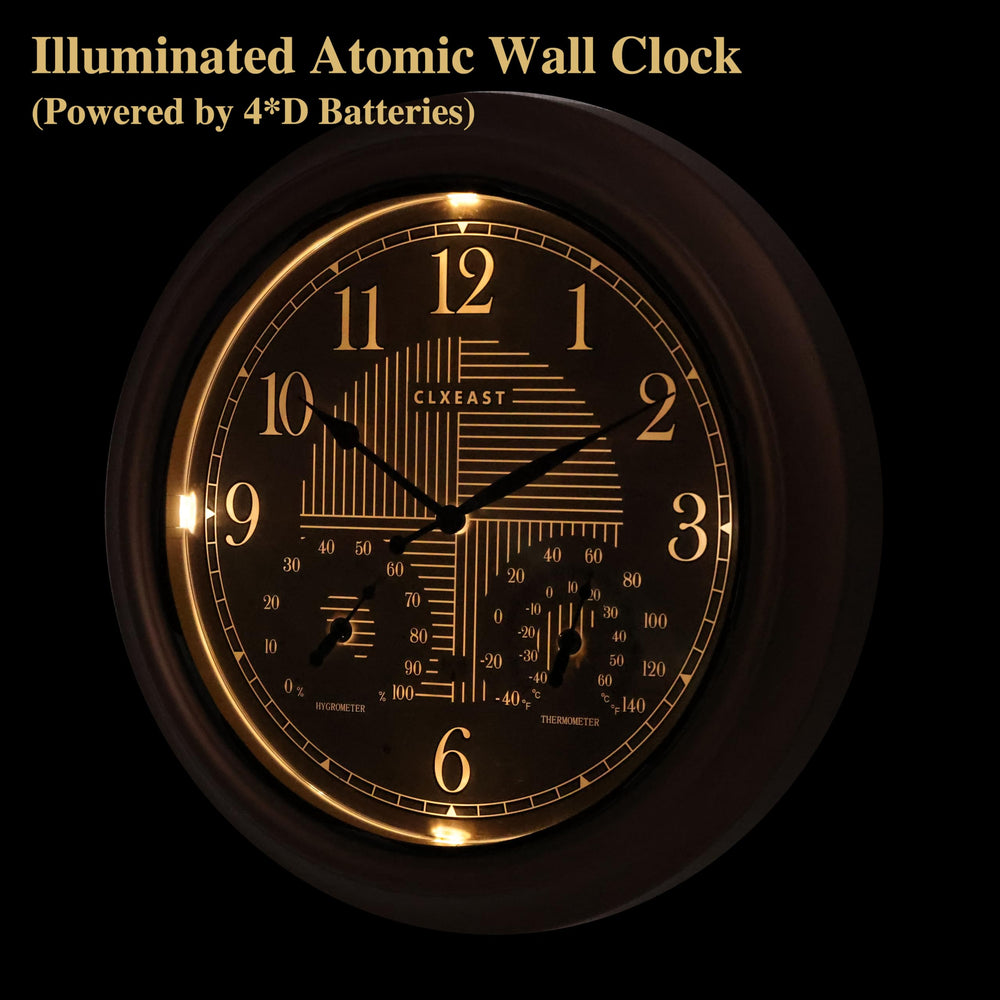 CLXEAST 18-inch atomic clock displaying thermometer readings