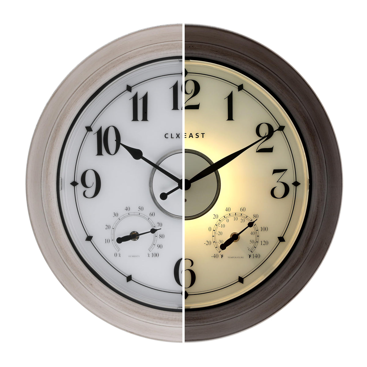 CLXEAST 18 inch outdoor clock front view with weathered whitewash finish
