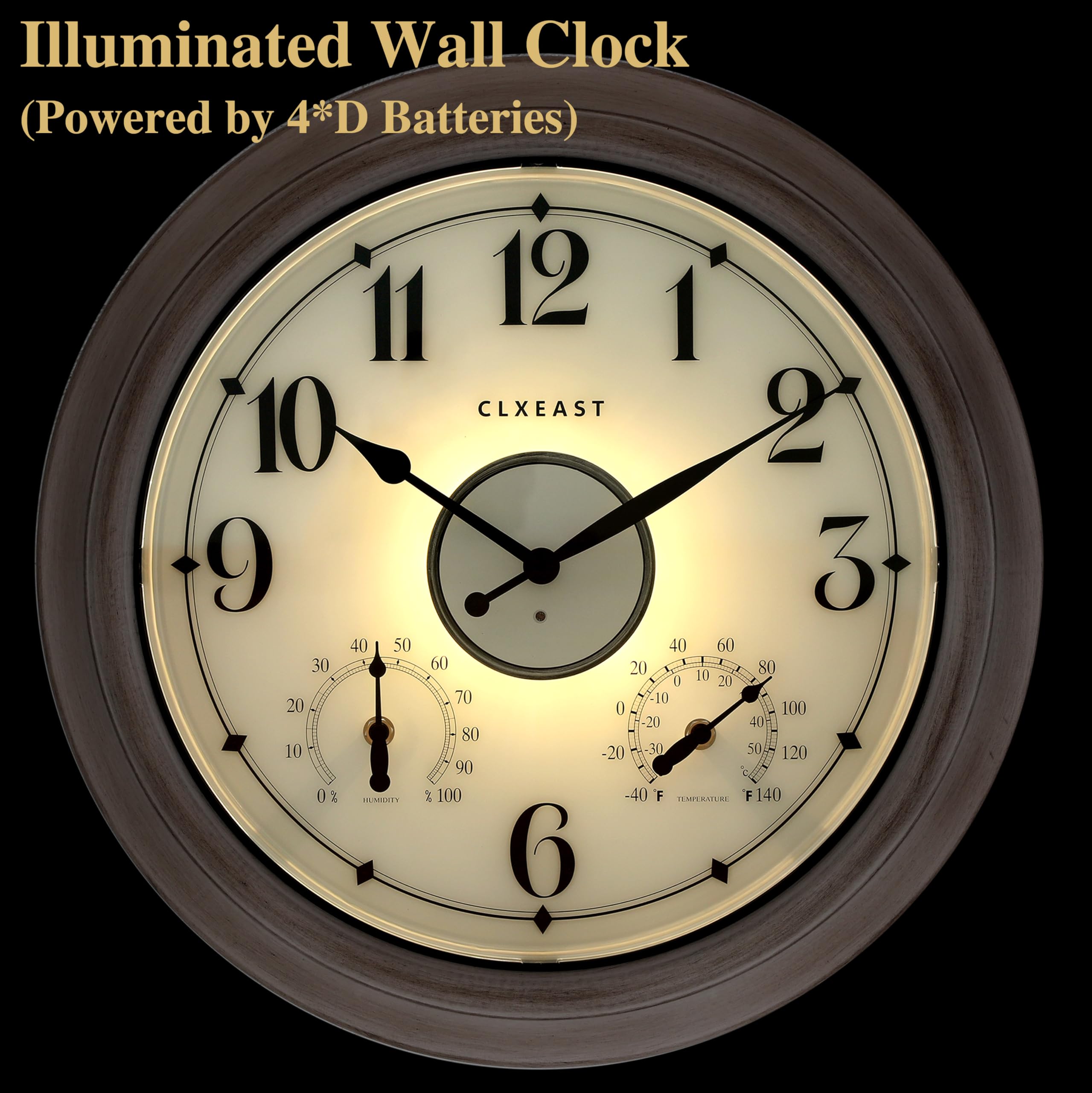 CLXEAST outdoor clock displaying thermometer and hygrometer