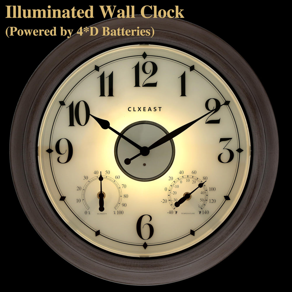 CLXEAST outdoor clock displaying thermometer and hygrometer