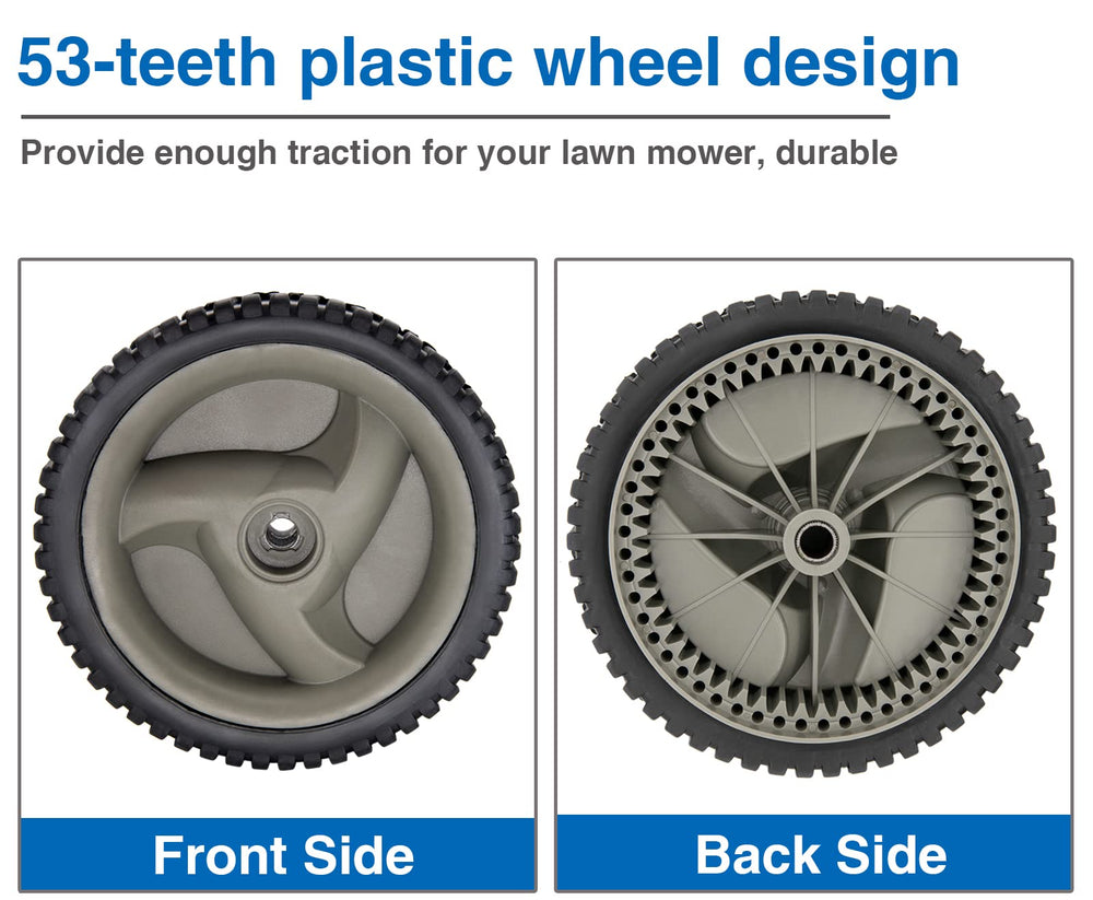 CMOOD lawn mower wheel dimensions showing diameter and width