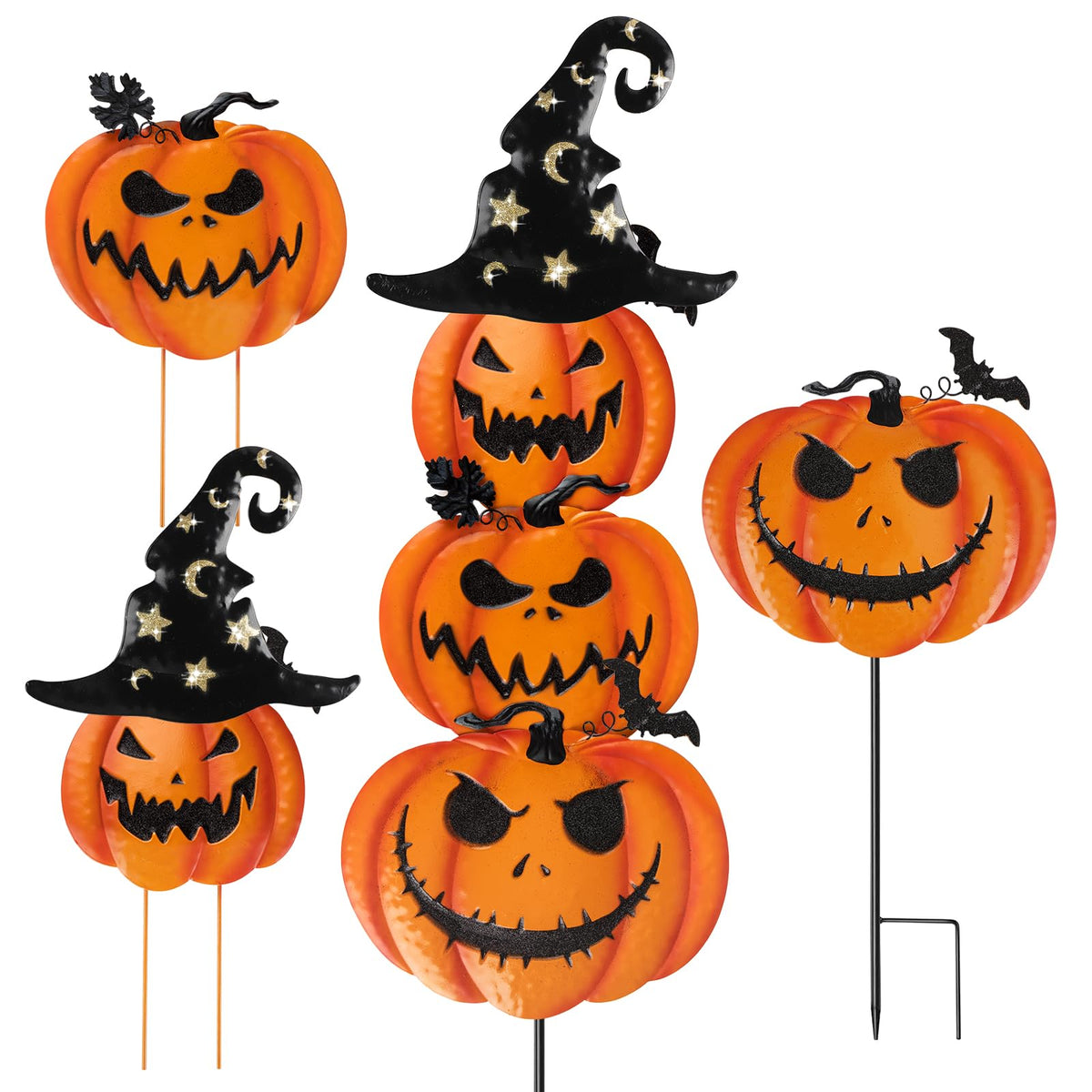 COCHIE Halloween Garden Stakes set with three metal pumpkin designs and a witch hat