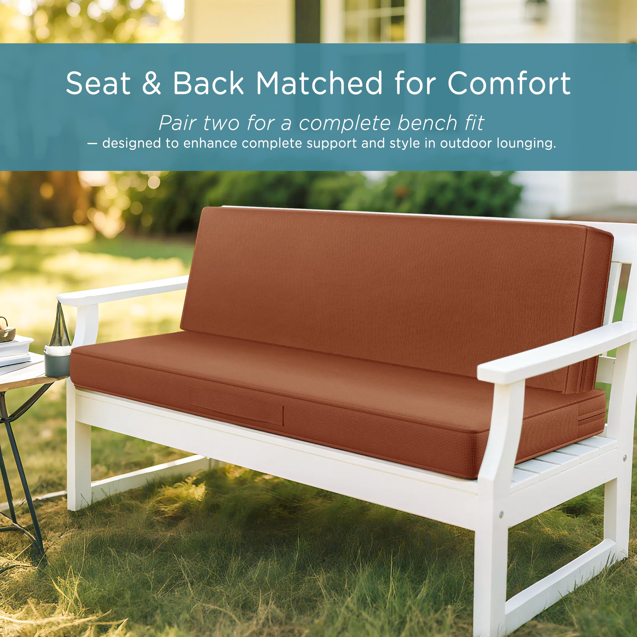 Codi Outdoor Bench Cushion 42x18'' Spice on garden bench