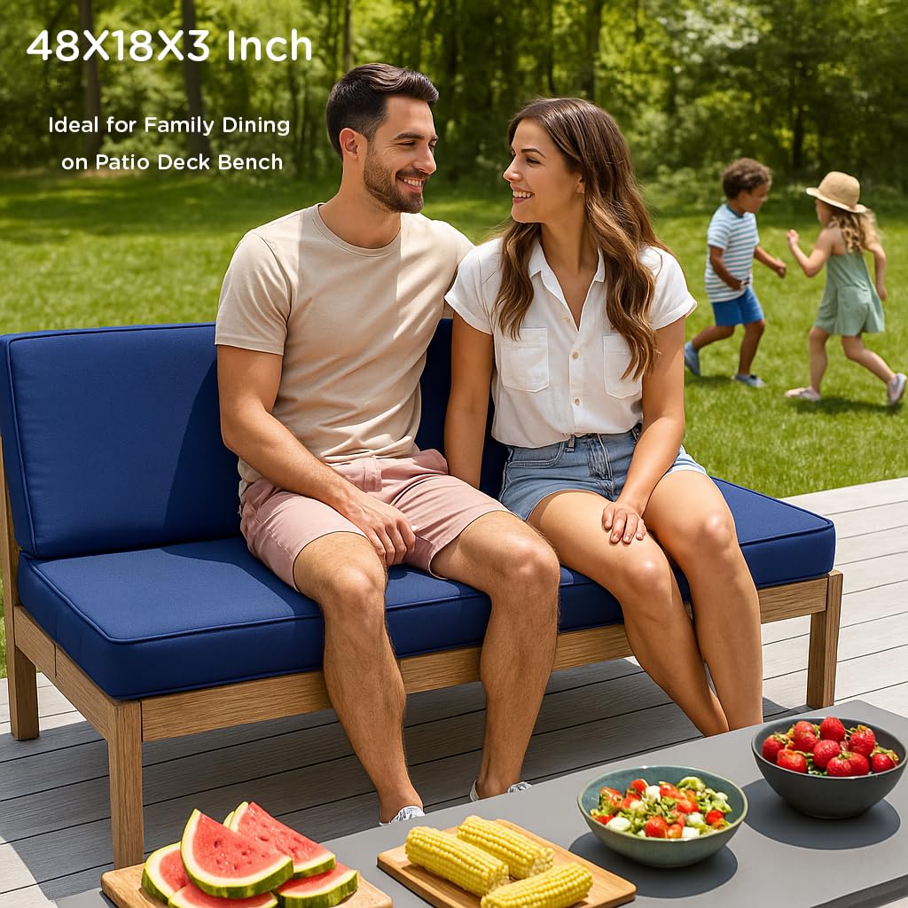 Codi Outdoor Bench Cushion Navy in garden setting
