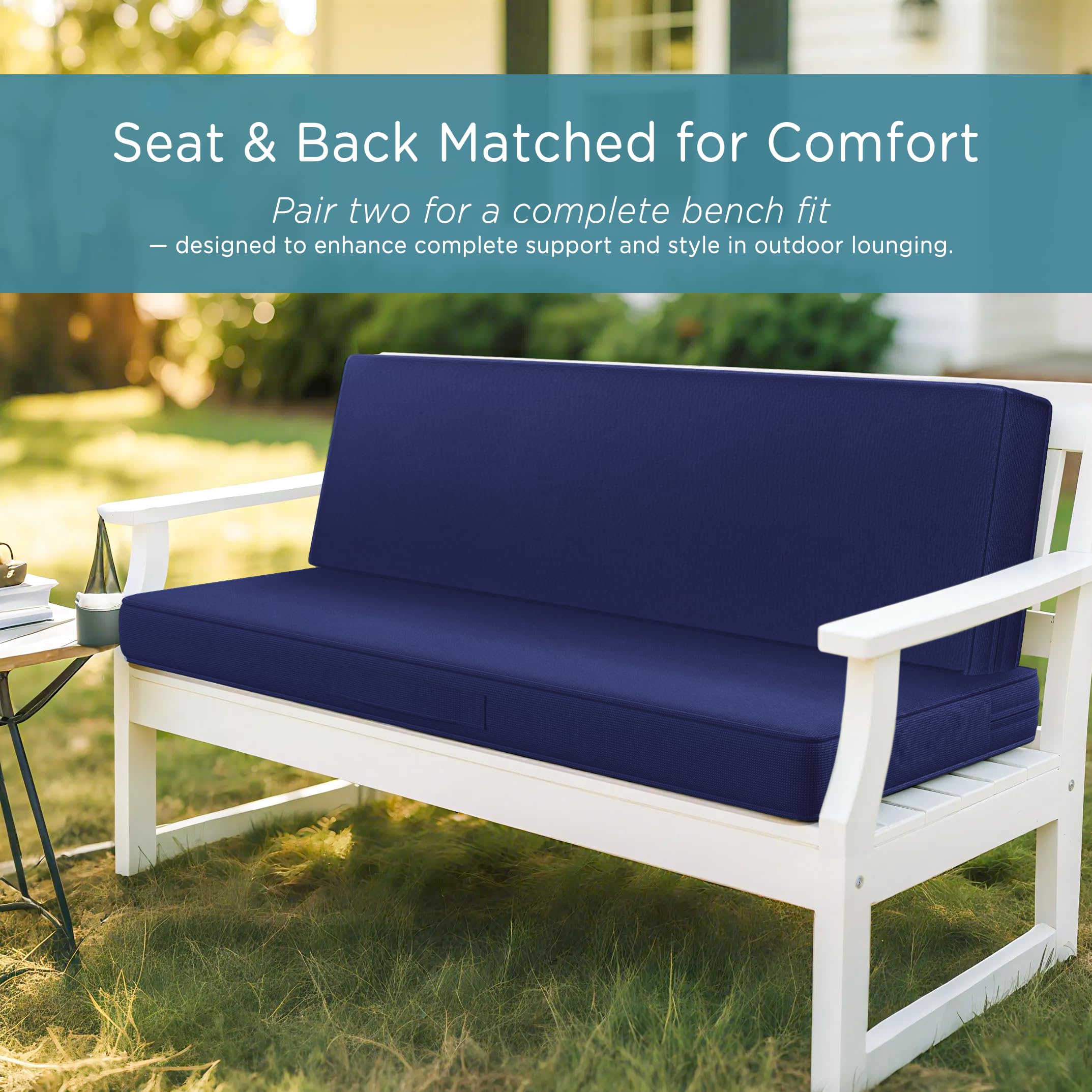 Codi Outdoor Bench Cushion Navy on a swing bench