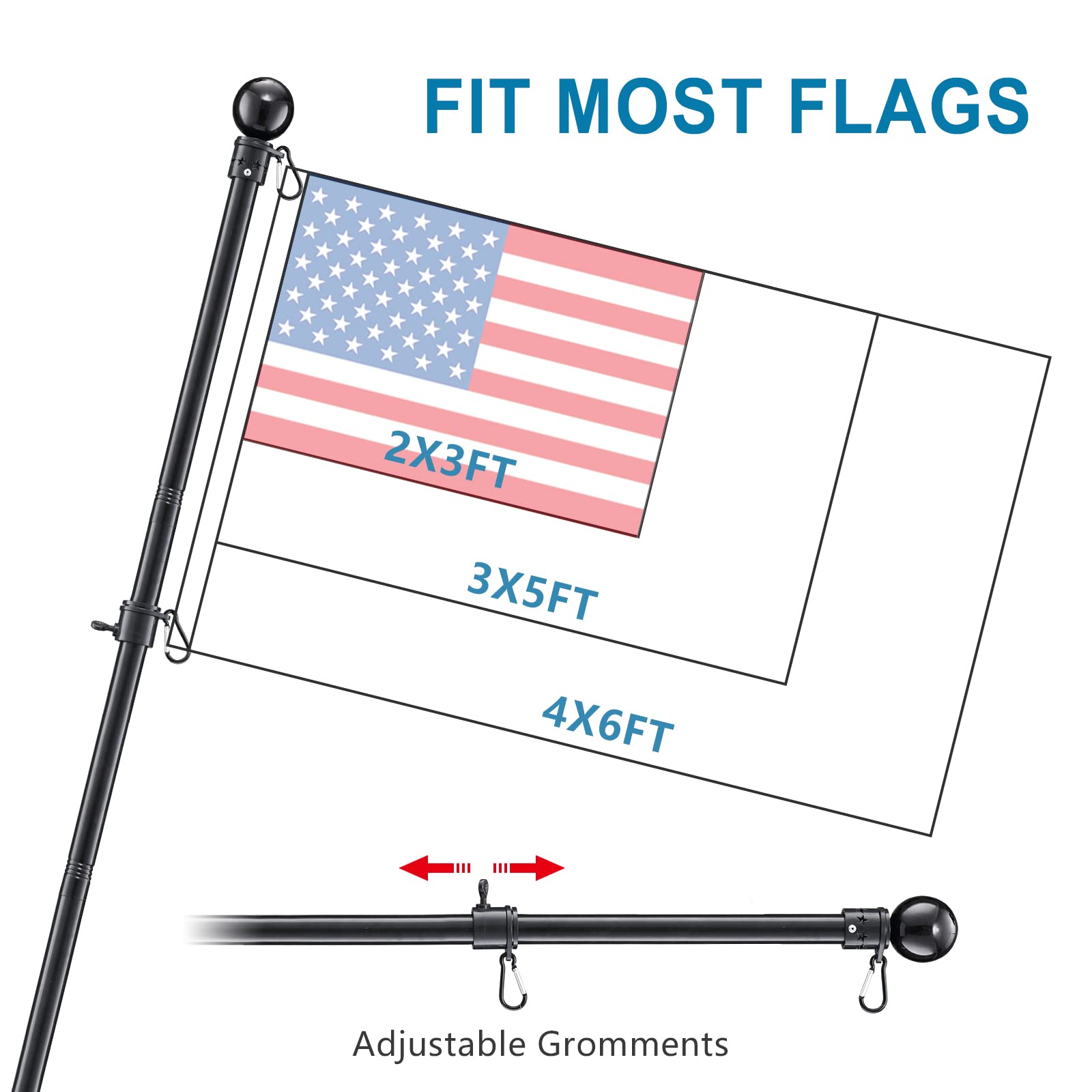 cogardenshower flag pole showing 360° spinning anti-wrap rings