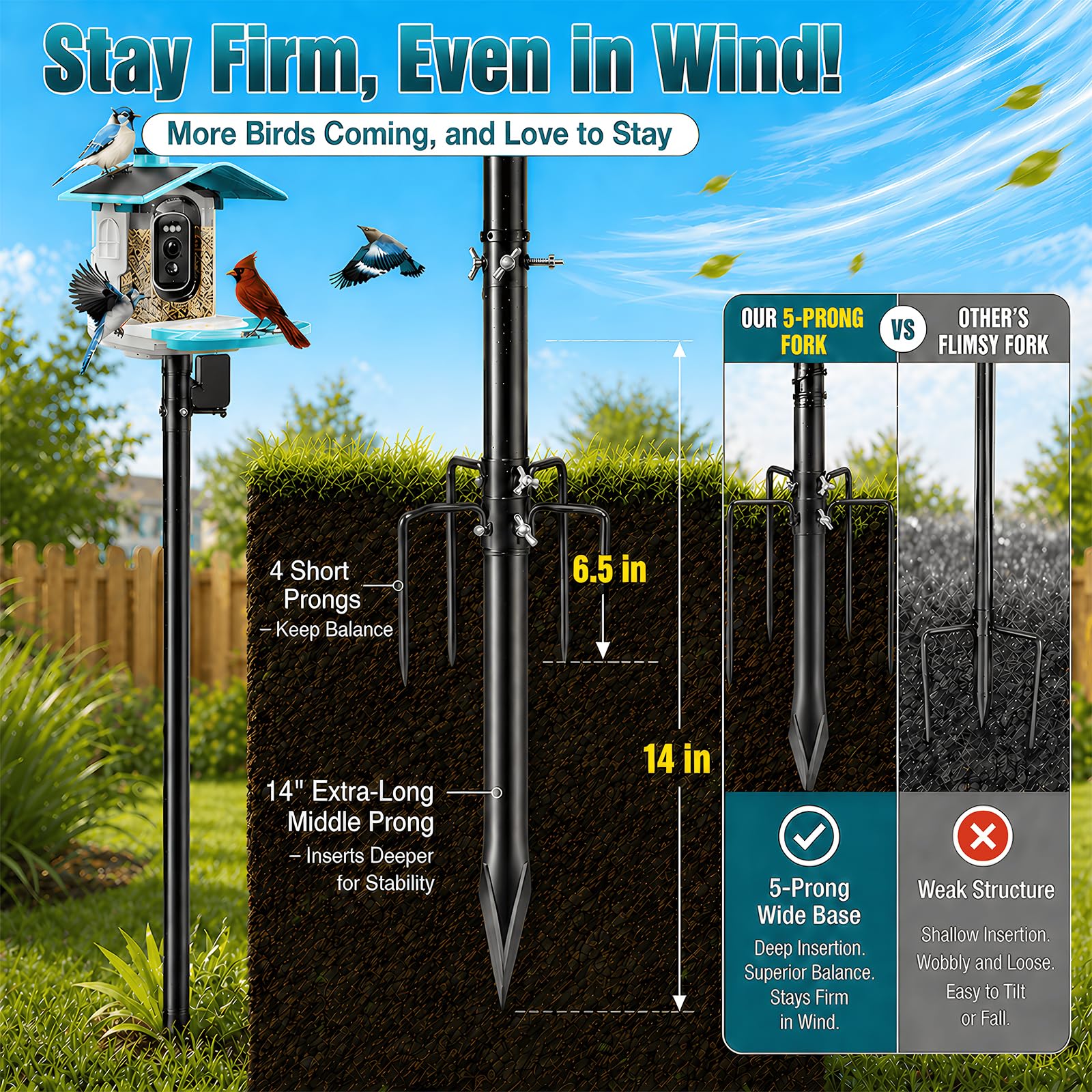 cogardenshower Heavy Duty Bird Feeder Pole side view showing adjustable height