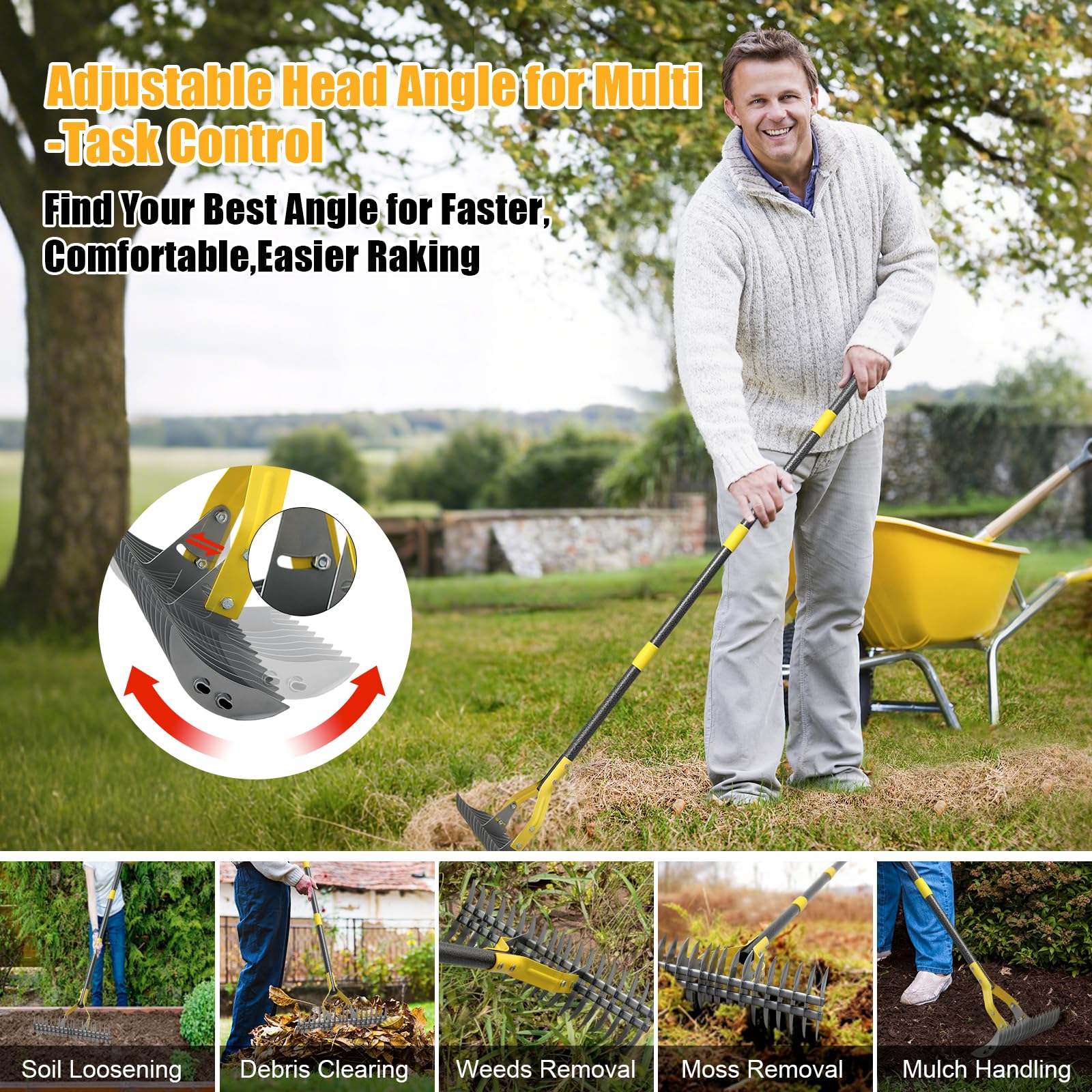 cogardenshower Manual Thatch Rake showing curved side for leaf gathering
