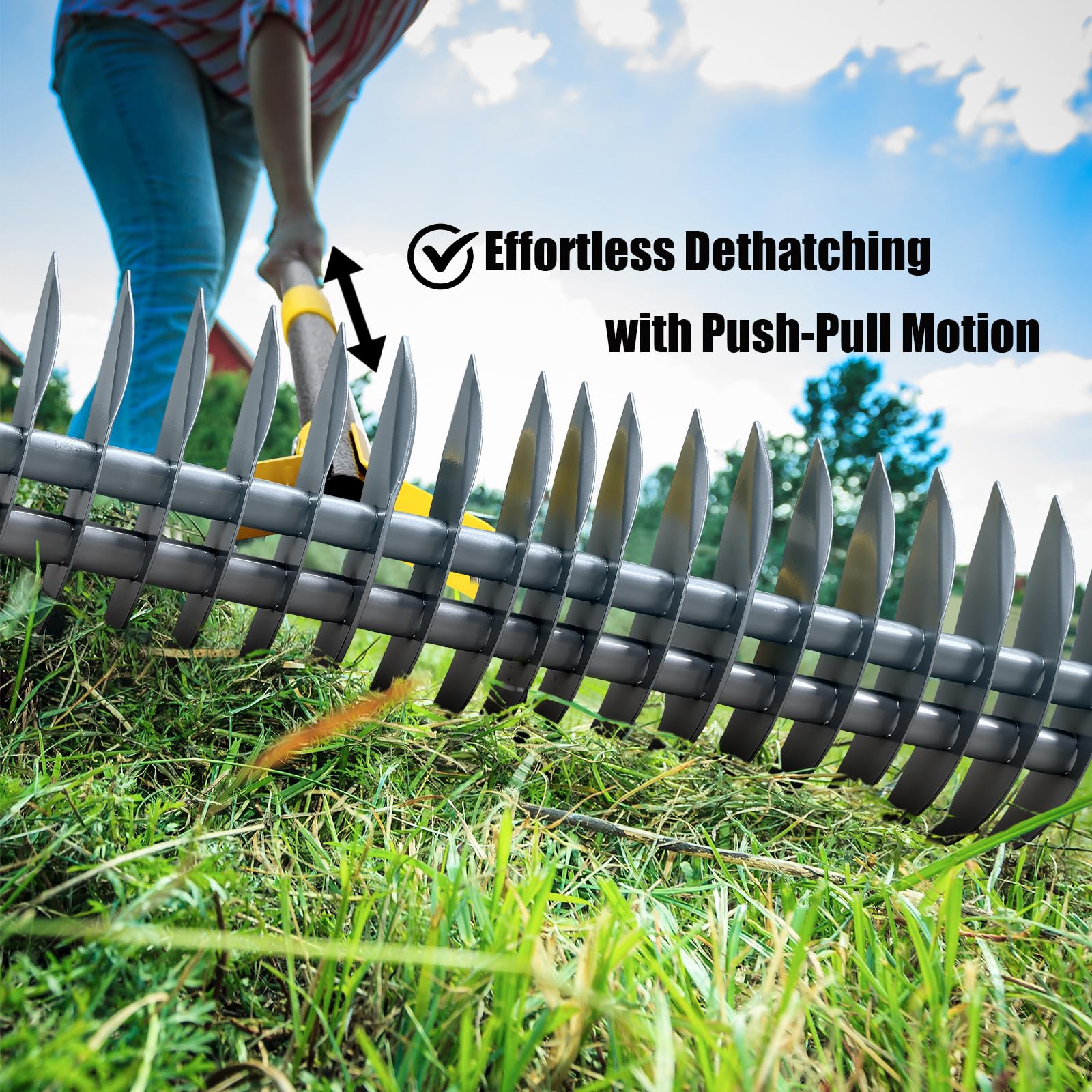 cogardenshower Manual Thatch Rake stored on wall with built-in hole