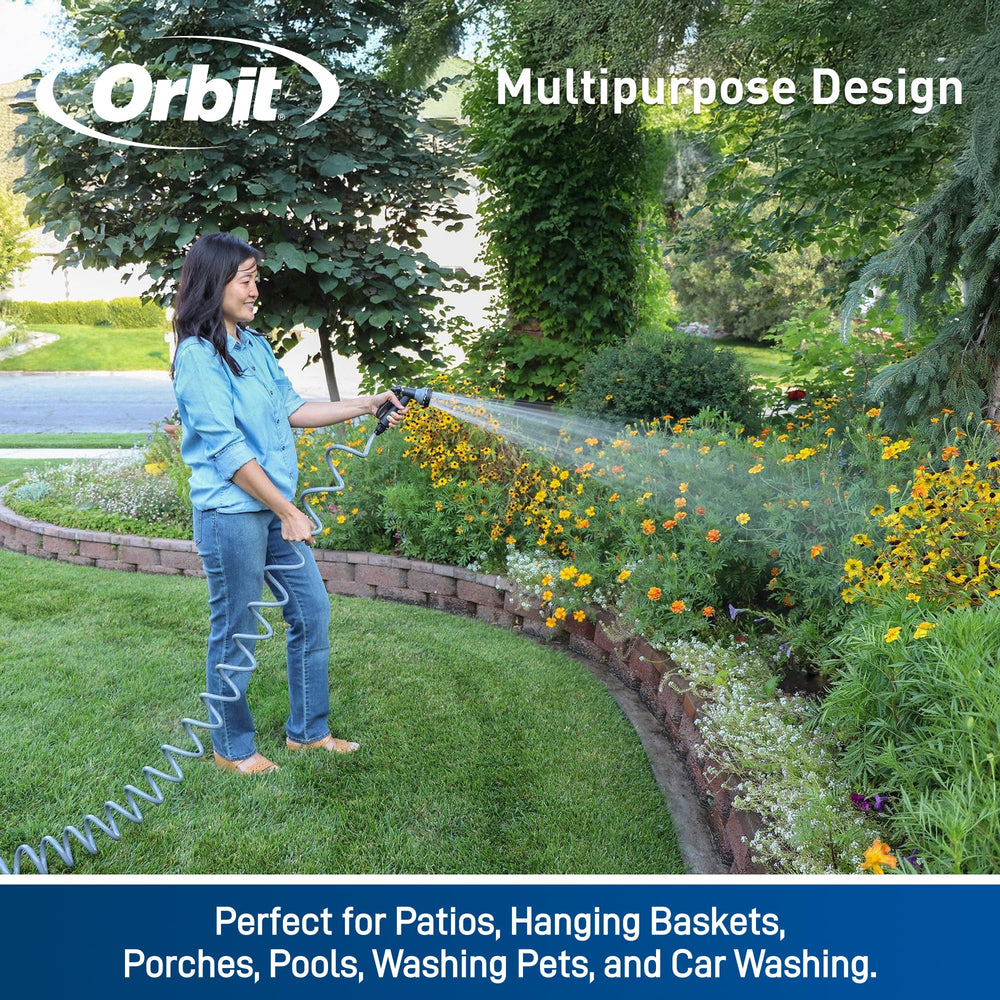 Coiled Orbit garden hose for easy storage