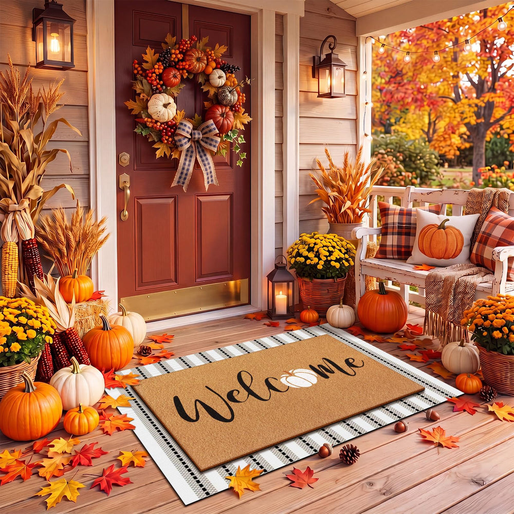 Coir welcome mat from Drydiet doormat set featuring pumpkin design